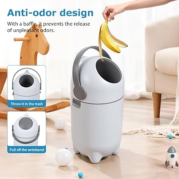 Grebest Diaper Pail with Airtight Lid, Odorless Diaper Bin, 15 Liter/4 Gallon Nursery Trash Can, Holds Up to 16 Diapers, Easy to Clean, Portable Plastic Trash Can for Baby White