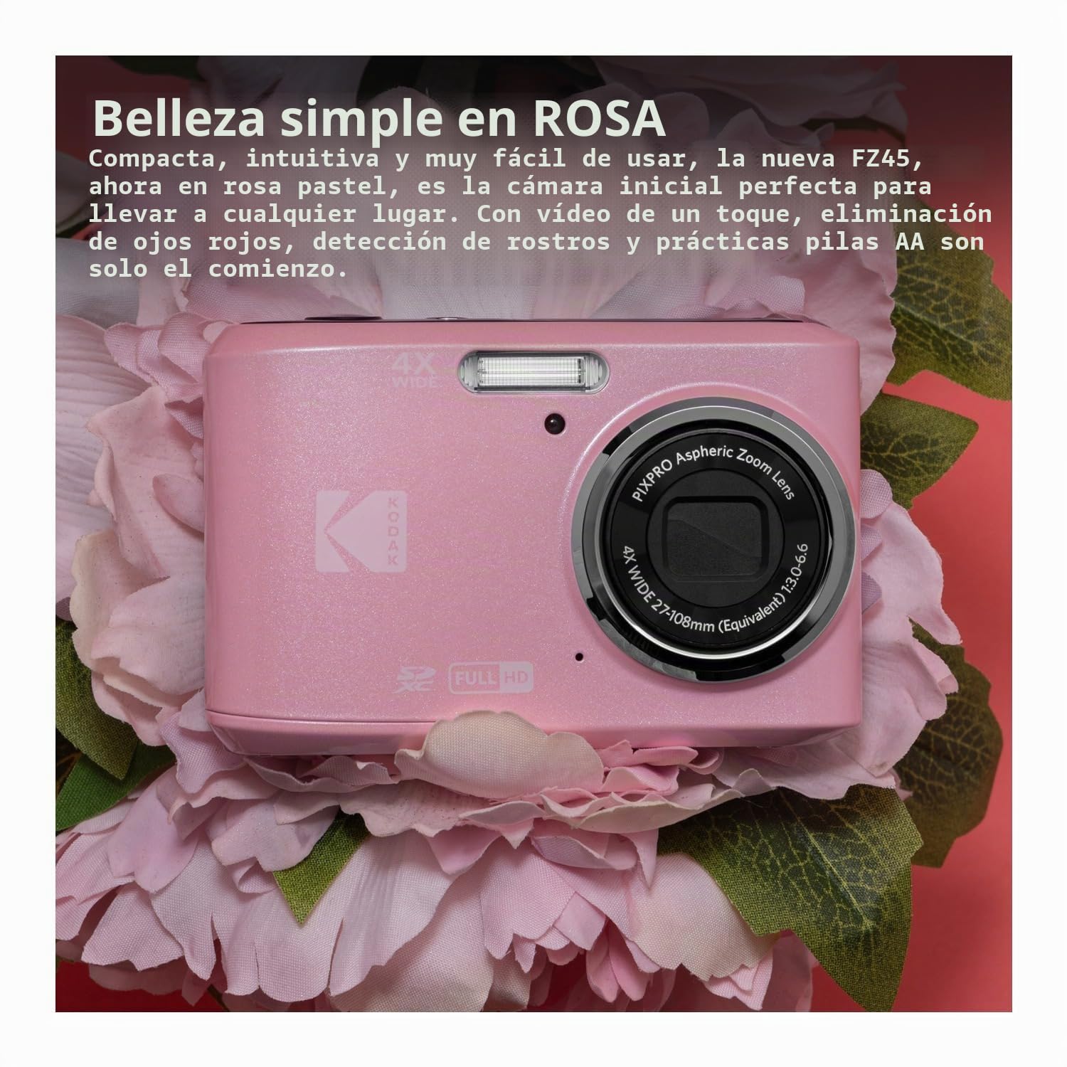Kodak PIXPRO FZ45 Friendly Zoom - Paquete de cámara digital de 16 MP (rosa pastel) | Tarjeta de memoria, 1080p Full HD, (2 artículos)
