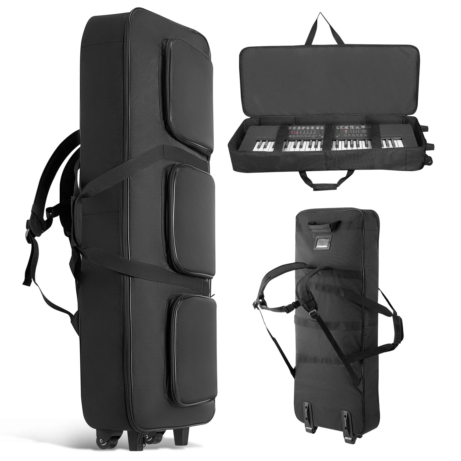 VEVOR Funda Acolchada Portátil para Teclado de Piano Eléctrico, 61 Teclas, 104 x 43 x 13 cm, Bolsa para Teclado con Asas y Ruedas, Tela 1680D Impermeable, para Transporte de Instrumentos, Negro