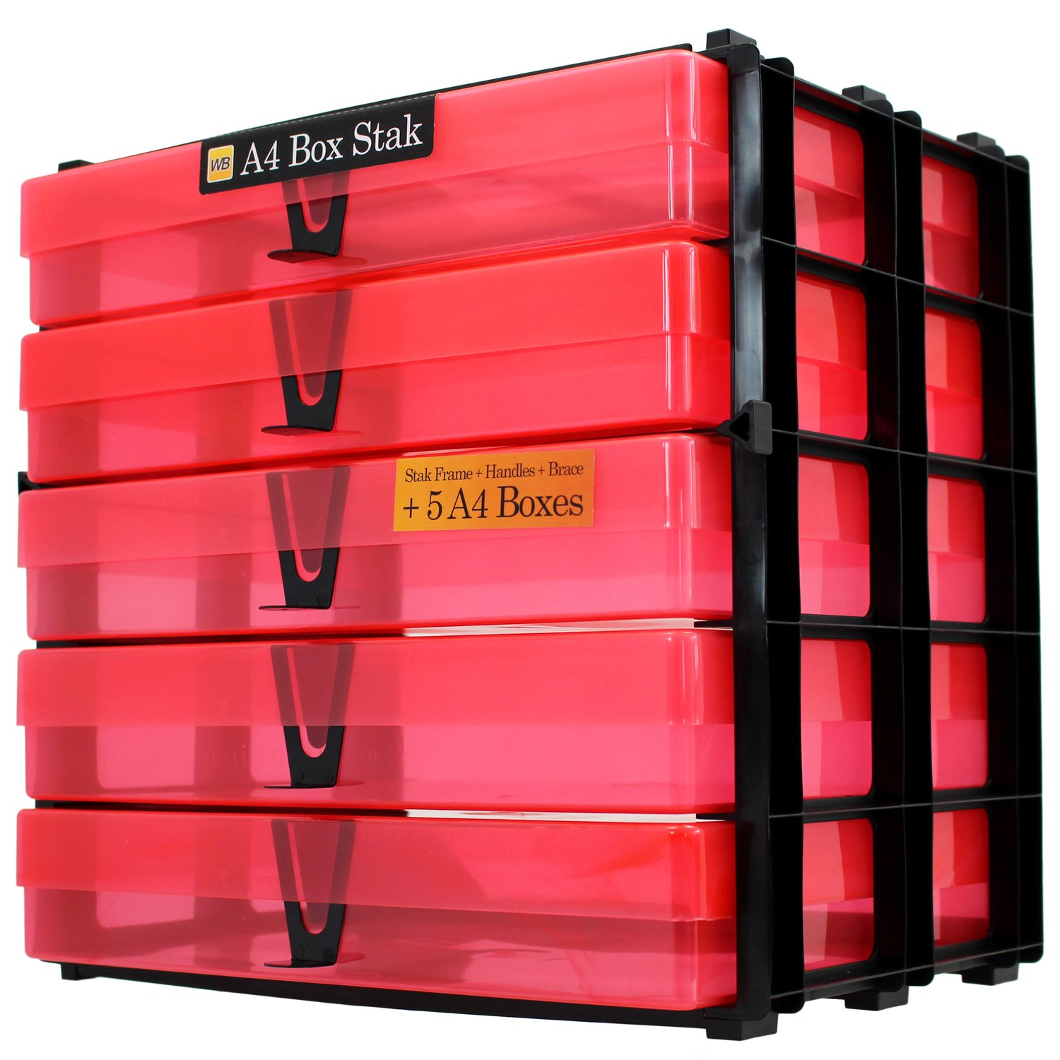 WestonBoxes A4 Box Stak, Stackable Craft Storage Box Unit Including Plastic A4 Storage Boxes with Lids (Red, Pack of 1) — image 1