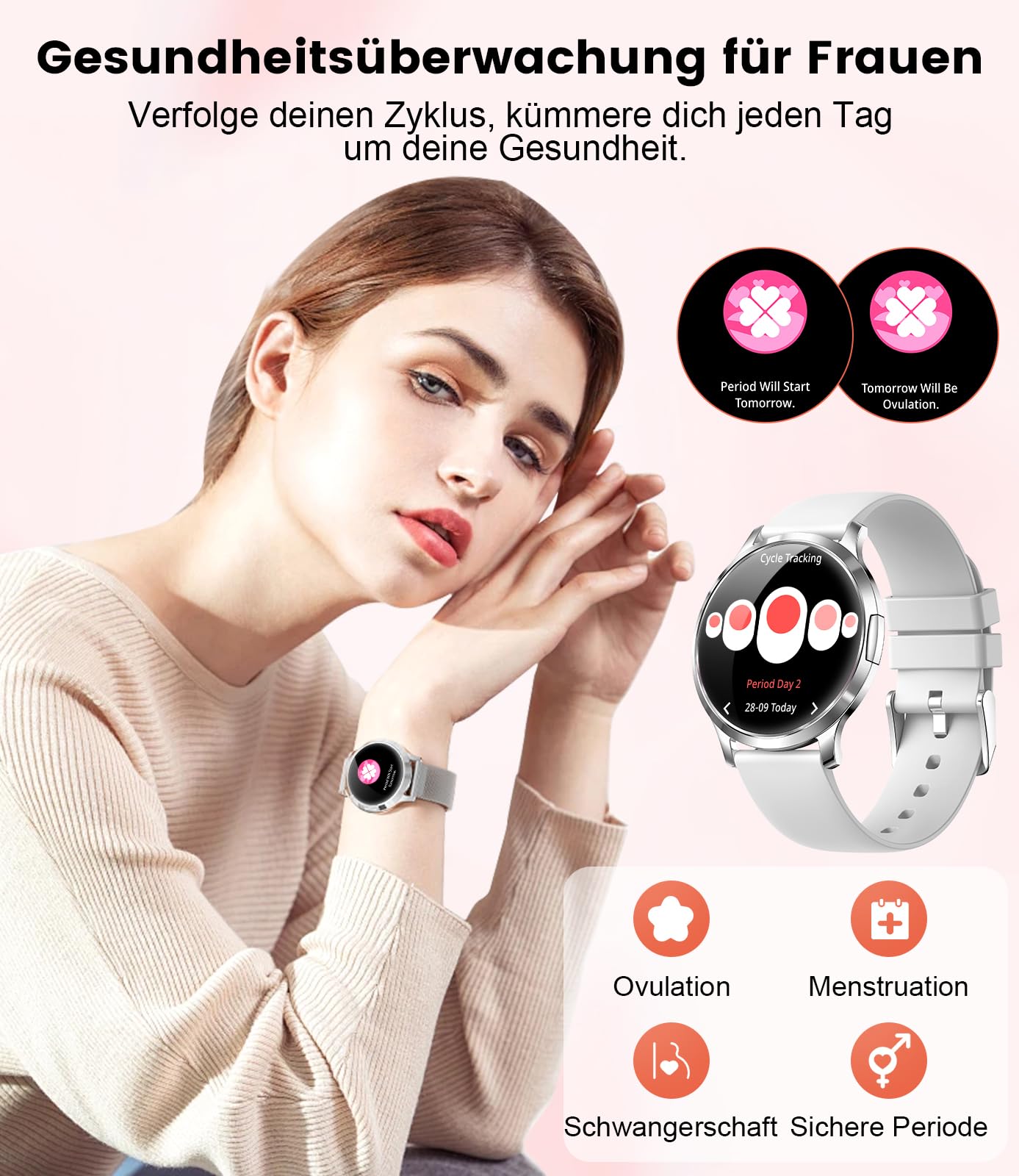 DREMAC Smartwatch voor dames, 1,32'' AMOLED rondboogdisplay, damesarmbandhorloge met hartslagmeter/menstruatiecyclus/SpO2/slaapmonitor, IP68