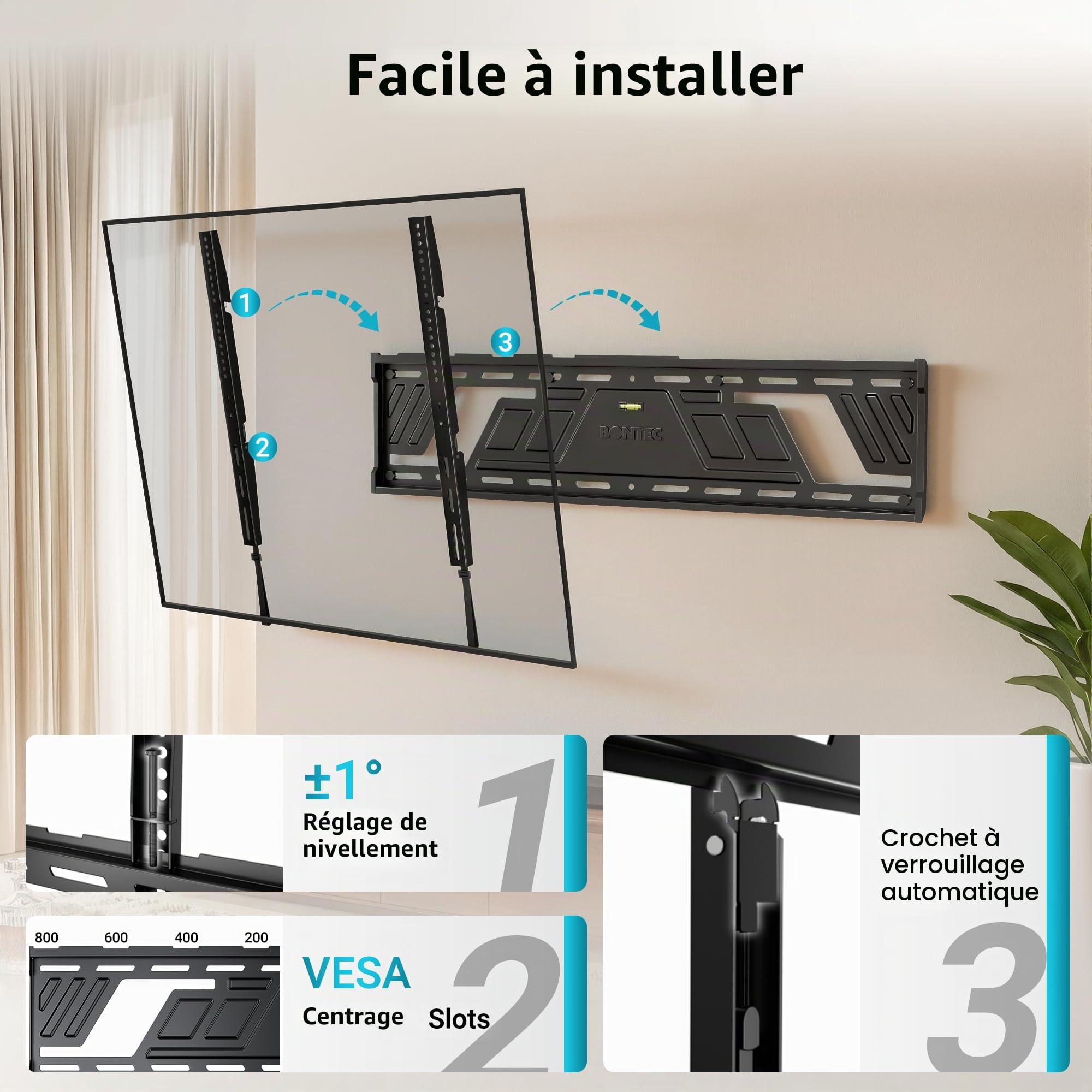 BONTEC Support Mural TV Fixe Ultra-Fin, 43-100 Pouces, Charge 100 kg | VESA max 600x400mm, Inclinaison et pivotement réglables, Pour LCD LED téléviseurs plats ou incurvés