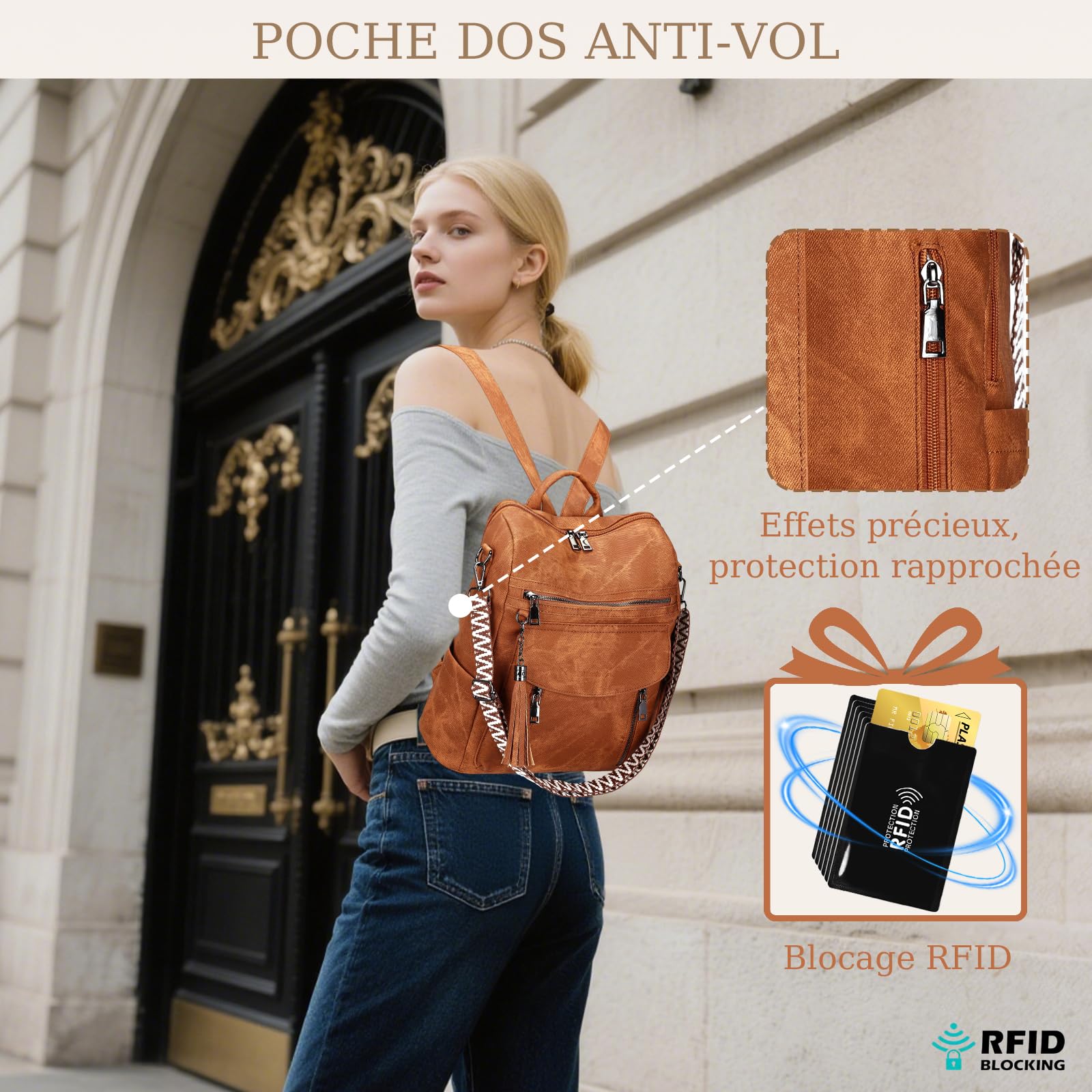 Sac a Dos Femme en Cuir Vegan, Sacs à Main Portés Dos Antivol Imperméable Elegant Leger, Backpack pour Voyage L'école Travail Université Collège Shopping