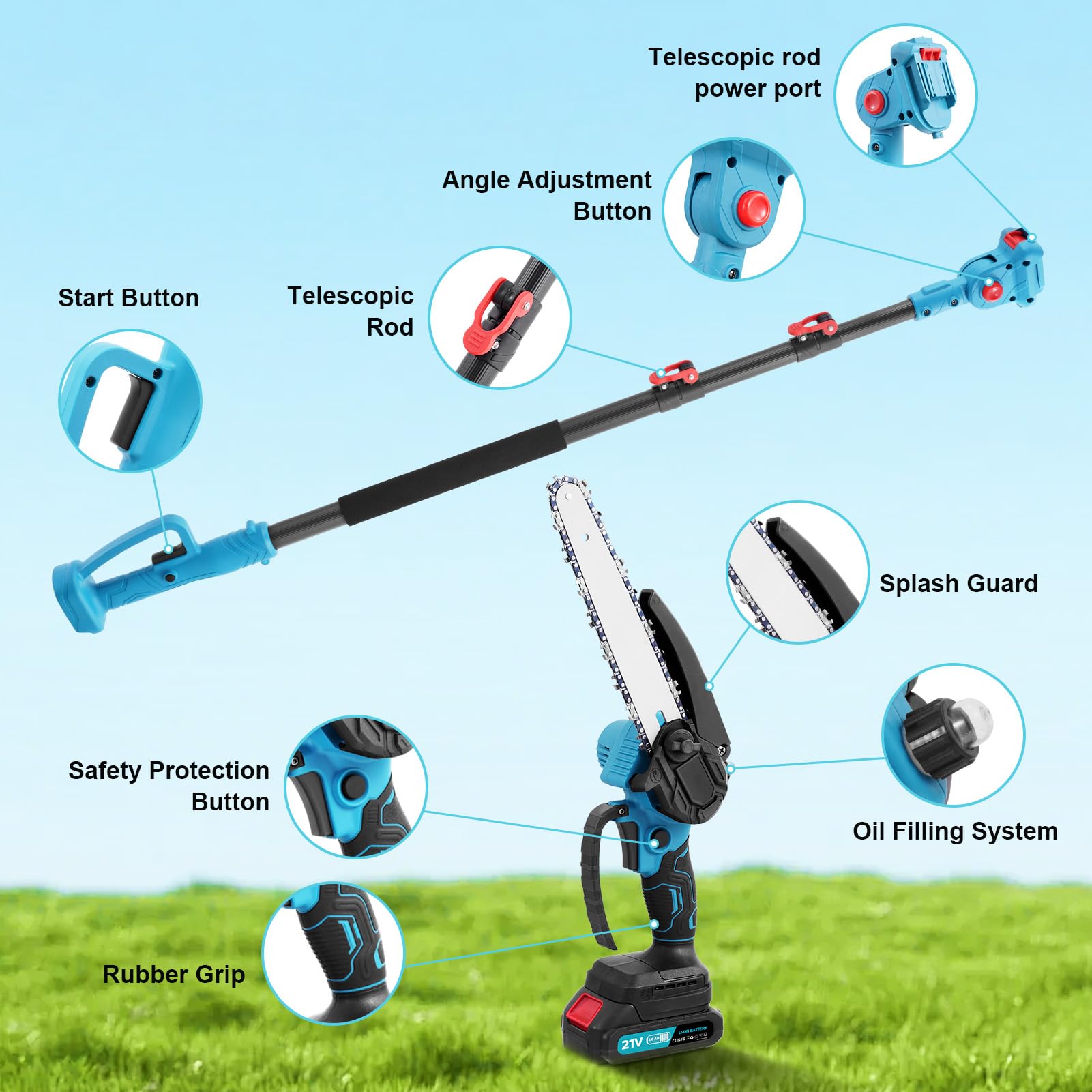 Élagueuse sans fil 21 V - 2 en 1 - Mini tronçonneuse et télescope avec panthème, batterie de 1500 mAh - Hauteur de travail jusqu'à 6,7 m - Tronçonneuse manuelle sans fil - Pour couper les arbres