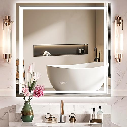 Miniatura 10 de Espejo LED de 24 x 32 pulgadas para baño con luz frontal y retroiluminada, espejos digitales para pared, antiniebla, regulable continuo, espejo