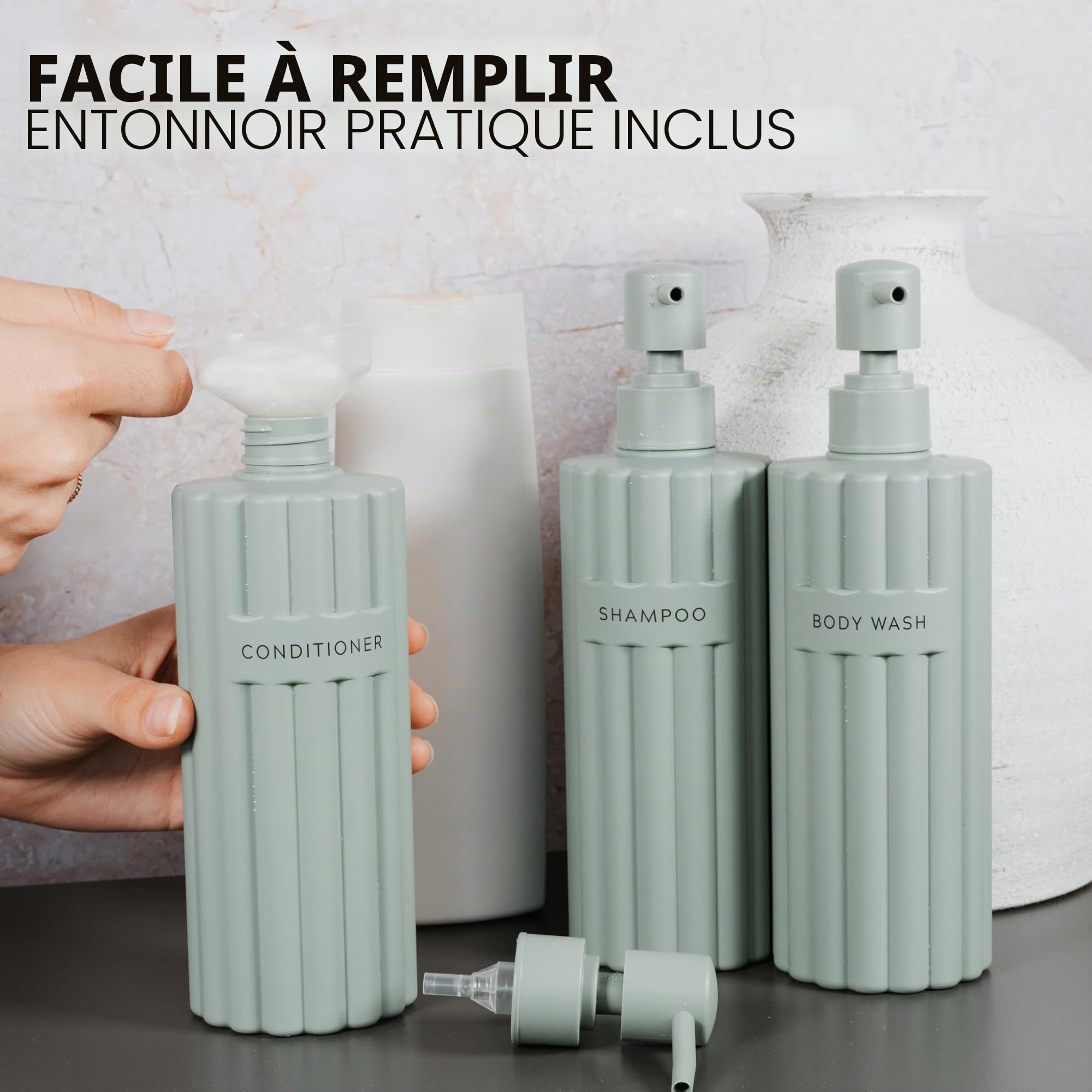 Lot de 3 distributeurs élégants de shampooing et d'après-shampoing – Bouteilles de savon de douche modernes de 538,6 g avec pompe et étiquettes – Distributeurs de gel douche faciles à remplir pour une