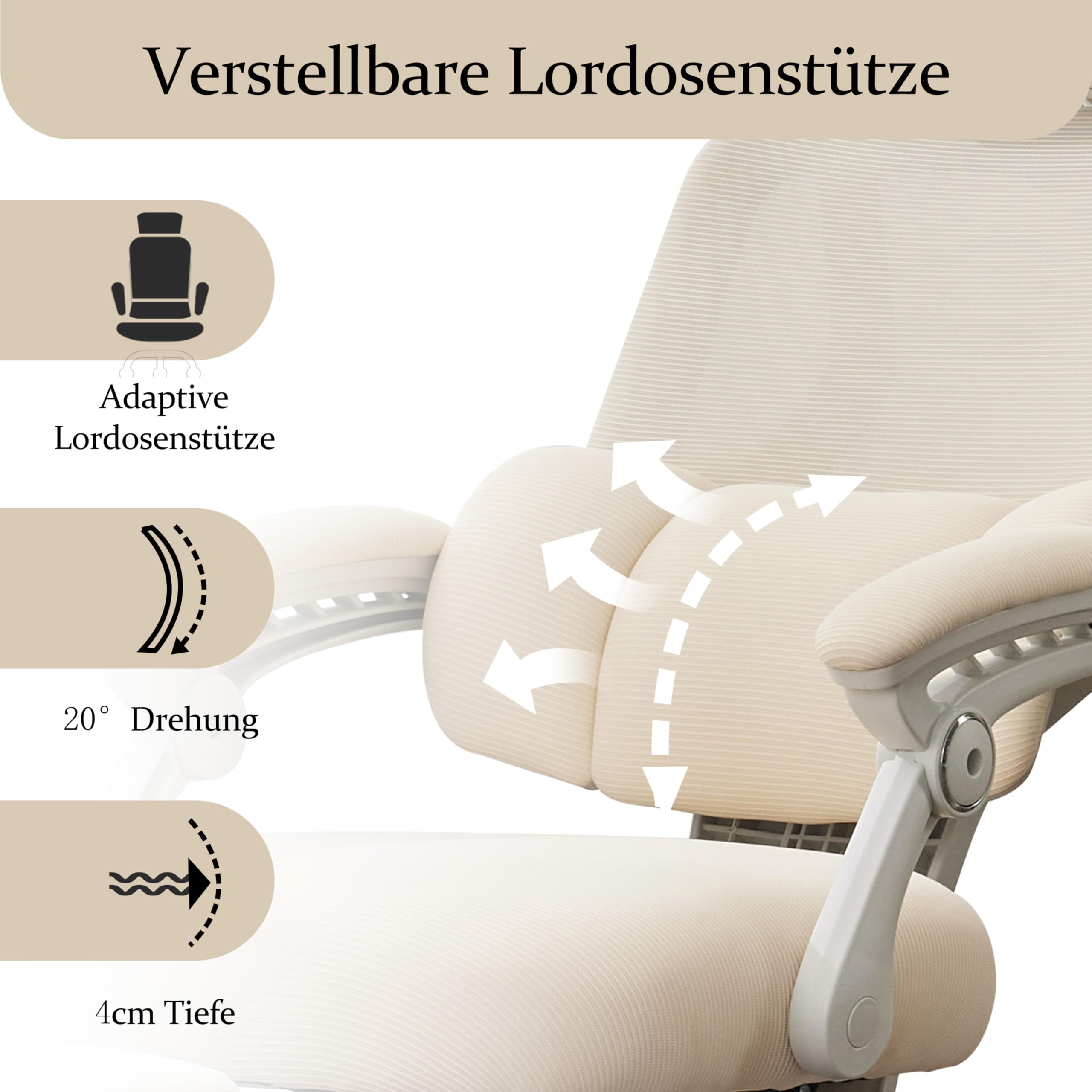 UEV Ergonomiczne krzesło biurowe z podnóżkiem, beżowe, krzesło do biura domowego, krzesło obrotowe, krzesło biurowe, nachylenie do 135°, regulacja wysokości, obciążenie do 150 kg, oddychający materiał