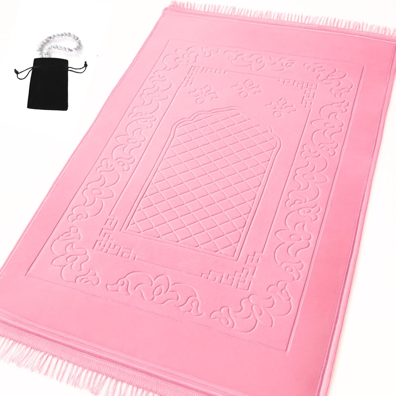 Islamika Prayer Mat Thick Islamic Muslim Rug - Padded mat Sajadah Men Women with Islam Prayer Beads for Eid Travel Ramadan, Soft and Padded (Pink)
