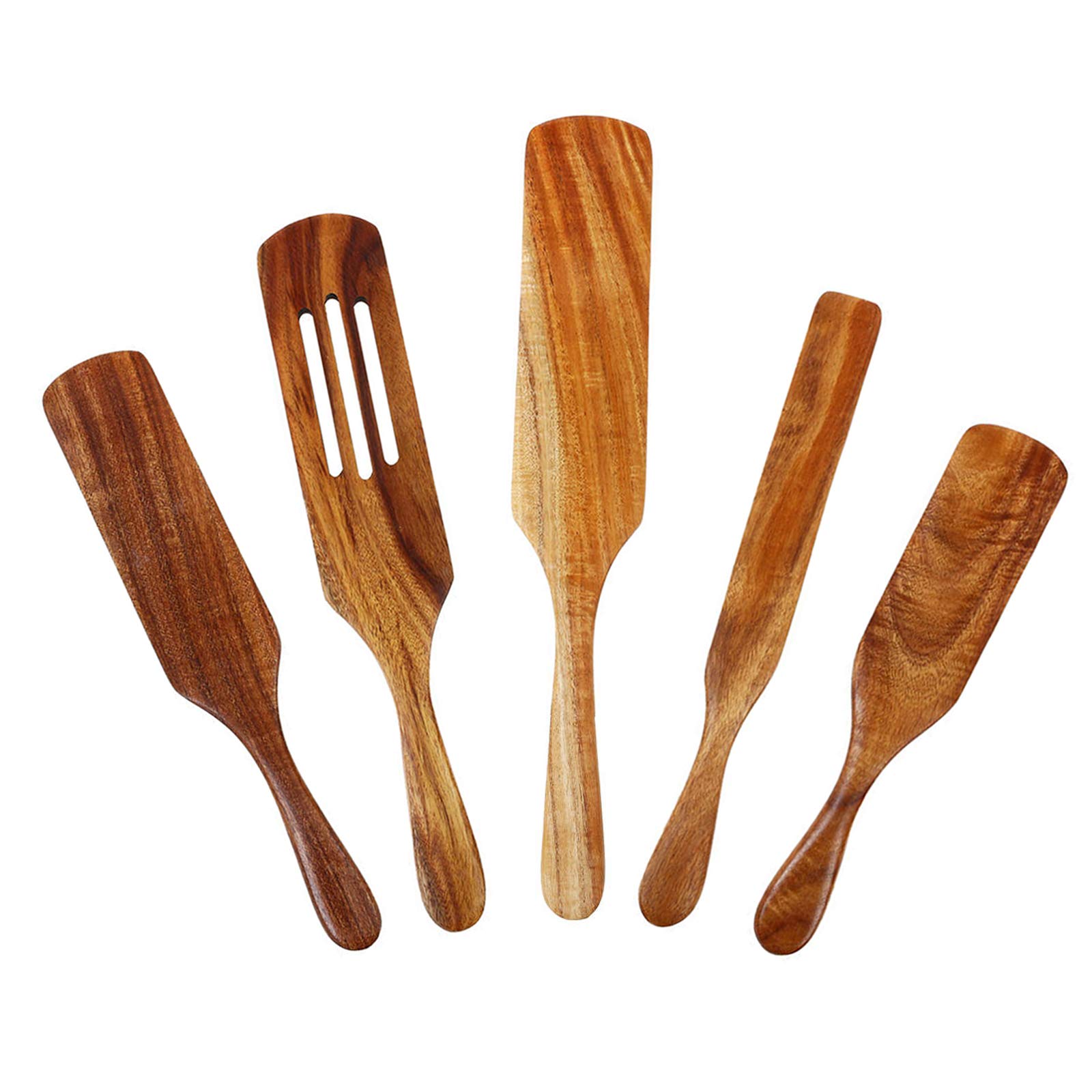 ORYOUGO Set of 5 Wooden Cooking Utensils with Long Handle Natural Acacia Wood Spurtles Spatula Square Head Scraper Kitchen Tool Non-Stick Cookware