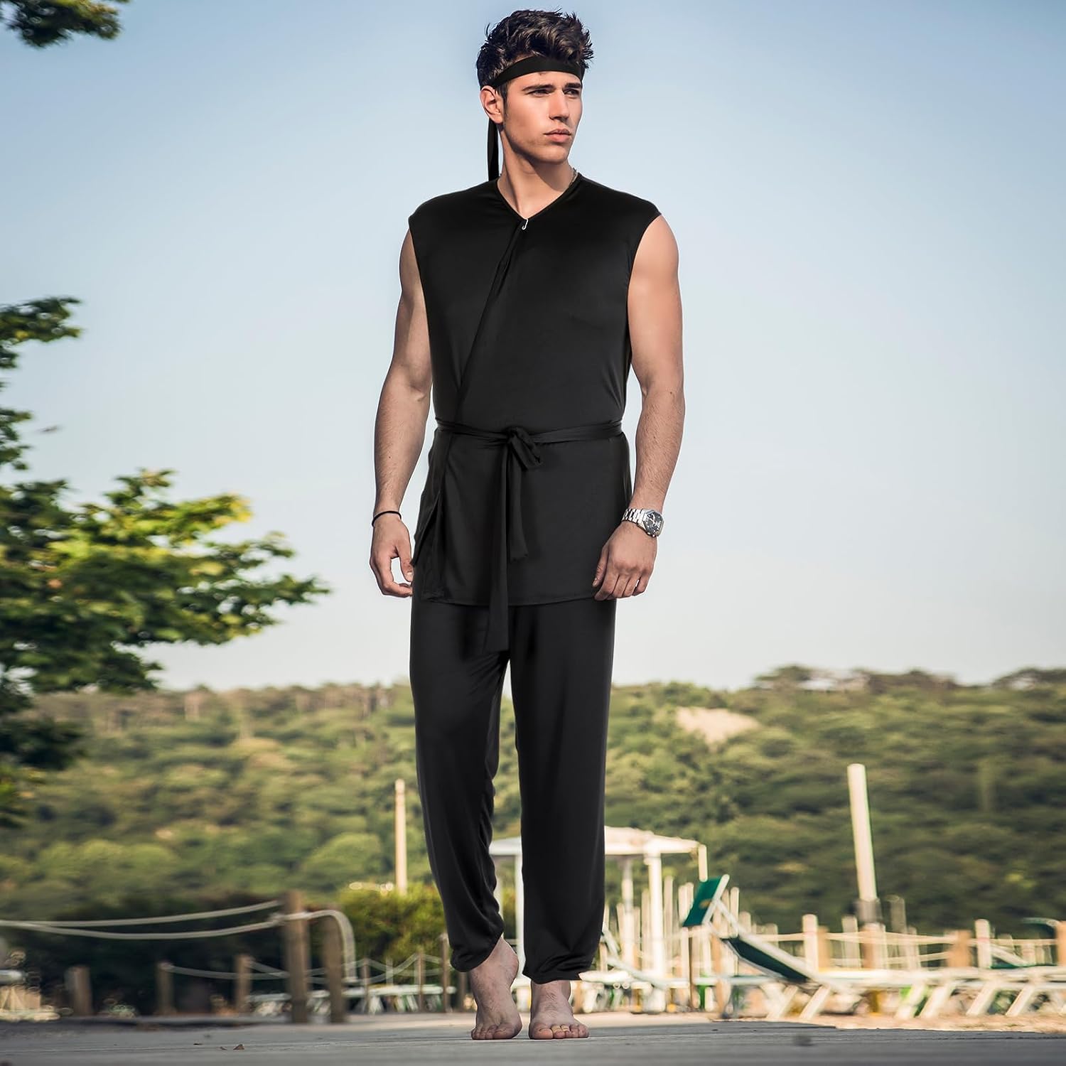 Xtinmee 4 Pcs Karate Costume for Men Halloween Costume Adult Black Karate Gi Dress up Uniform with Headband Cosplay Outfit(L)