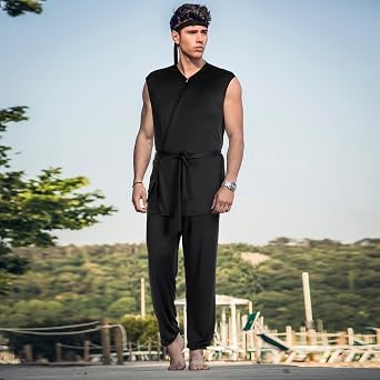 4 Pcs Karate Costume for Men Halloween Costume Adult Black Karate Gi Dress up Uniform with Headband Cosplay Outfit(L)