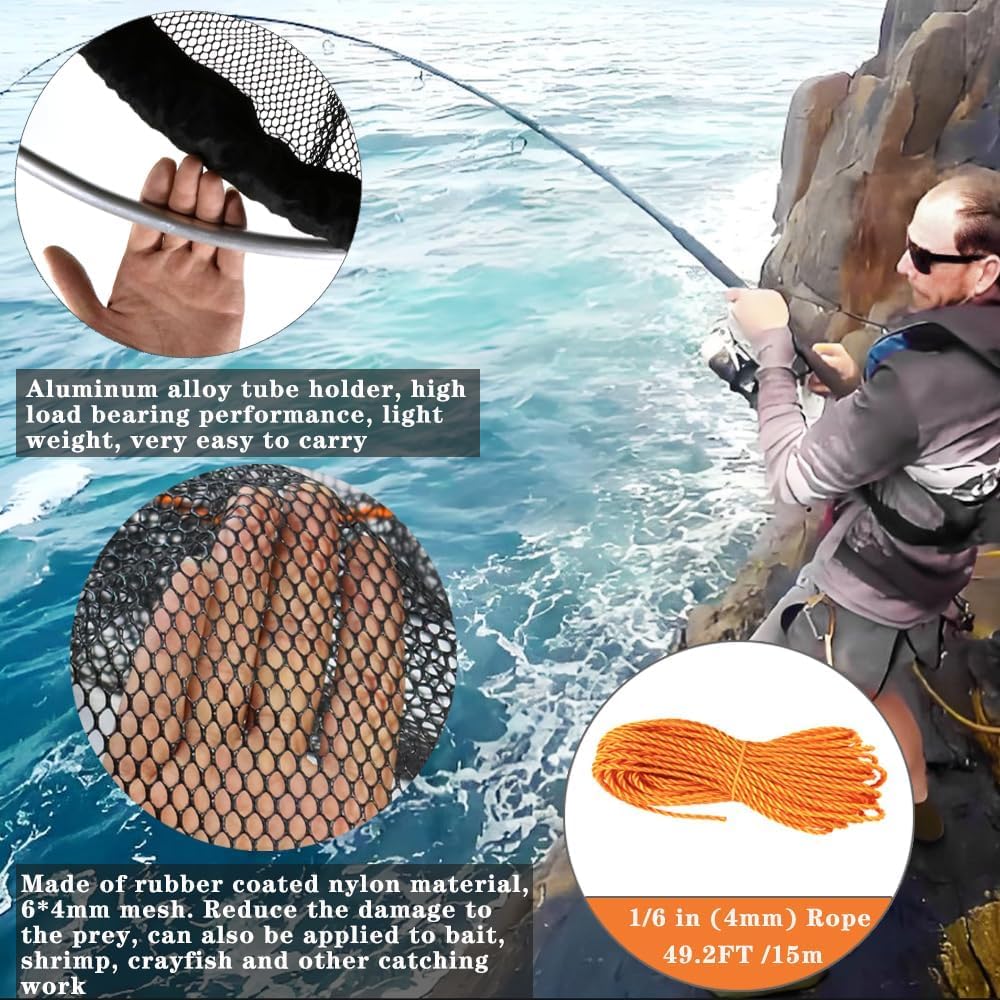 Drasry Large Collapsible Bridge Pier Fishing Net Landing Net with Rod, High Load Aluminum Ring Drop Net for Saltwater and Freshwater Pier Fishing Basket with 49.2 ft. Rope