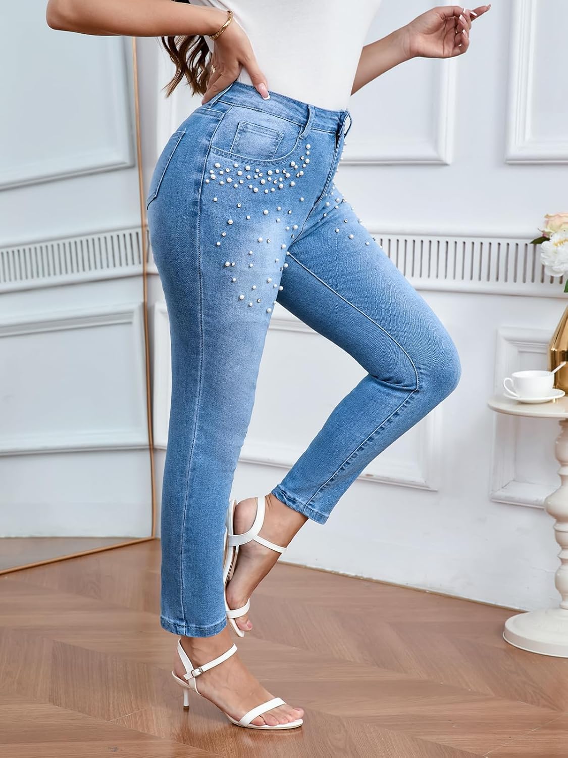 LifeShe Women Pearls Jeans High Waist Skinny Denim Pants Plus Size Stretchy Leggings with Rhinestones - Image 3