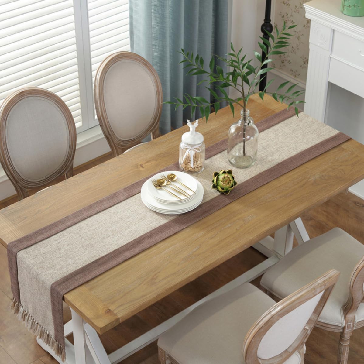 Toyvian Runner Tavola Doppio Strato Cotone Lino Nappe Beige