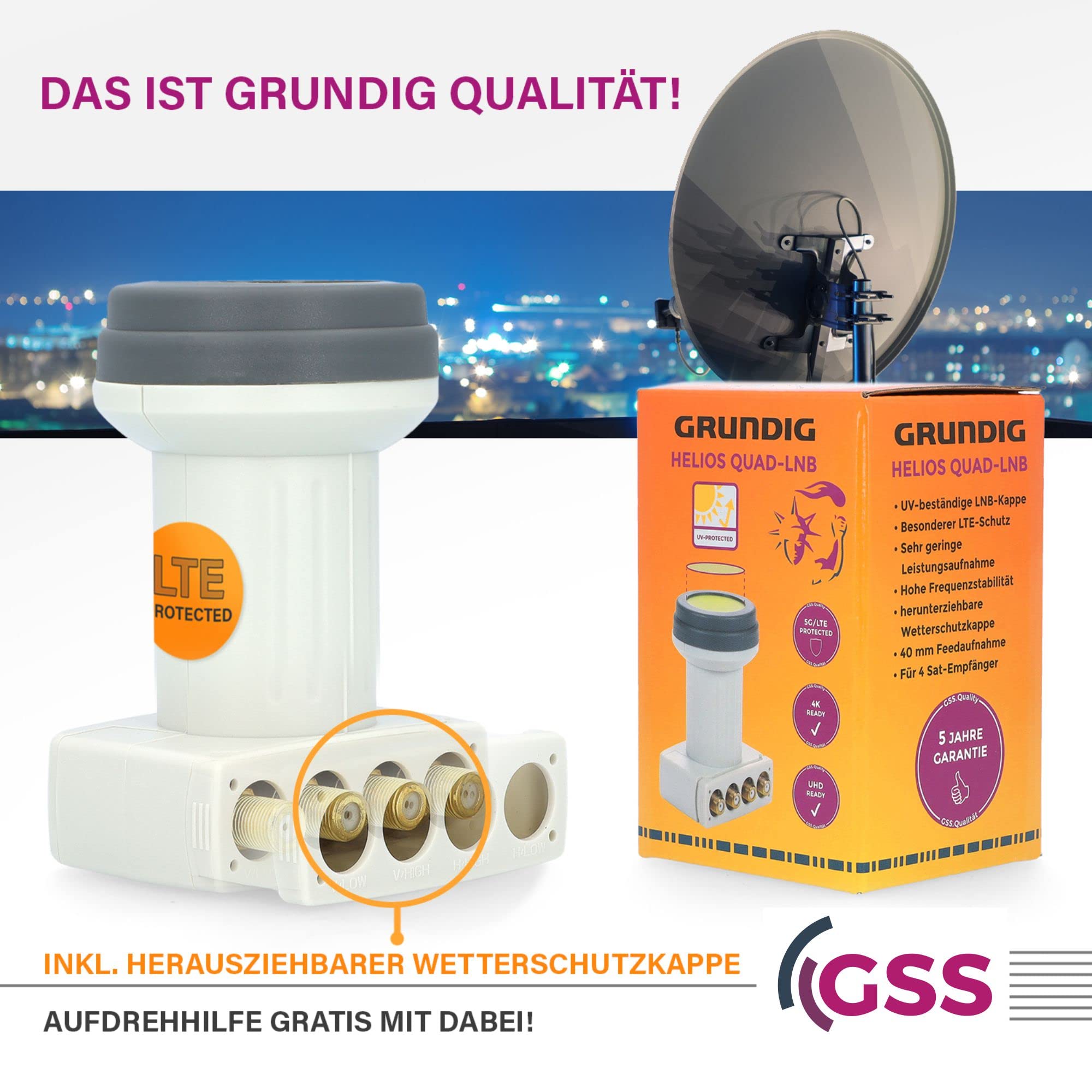 [ Test SEHR GUT, Note 1.2 *] GSS Helios Quad LNB mit LTE Abschirmung & Sun Protect UV Schutz, 4Fach HD 4K LNB für 4 Teilnehmer für Direktanschluss (TV Fernseher, Sat Receiver) LMB für Satelliten