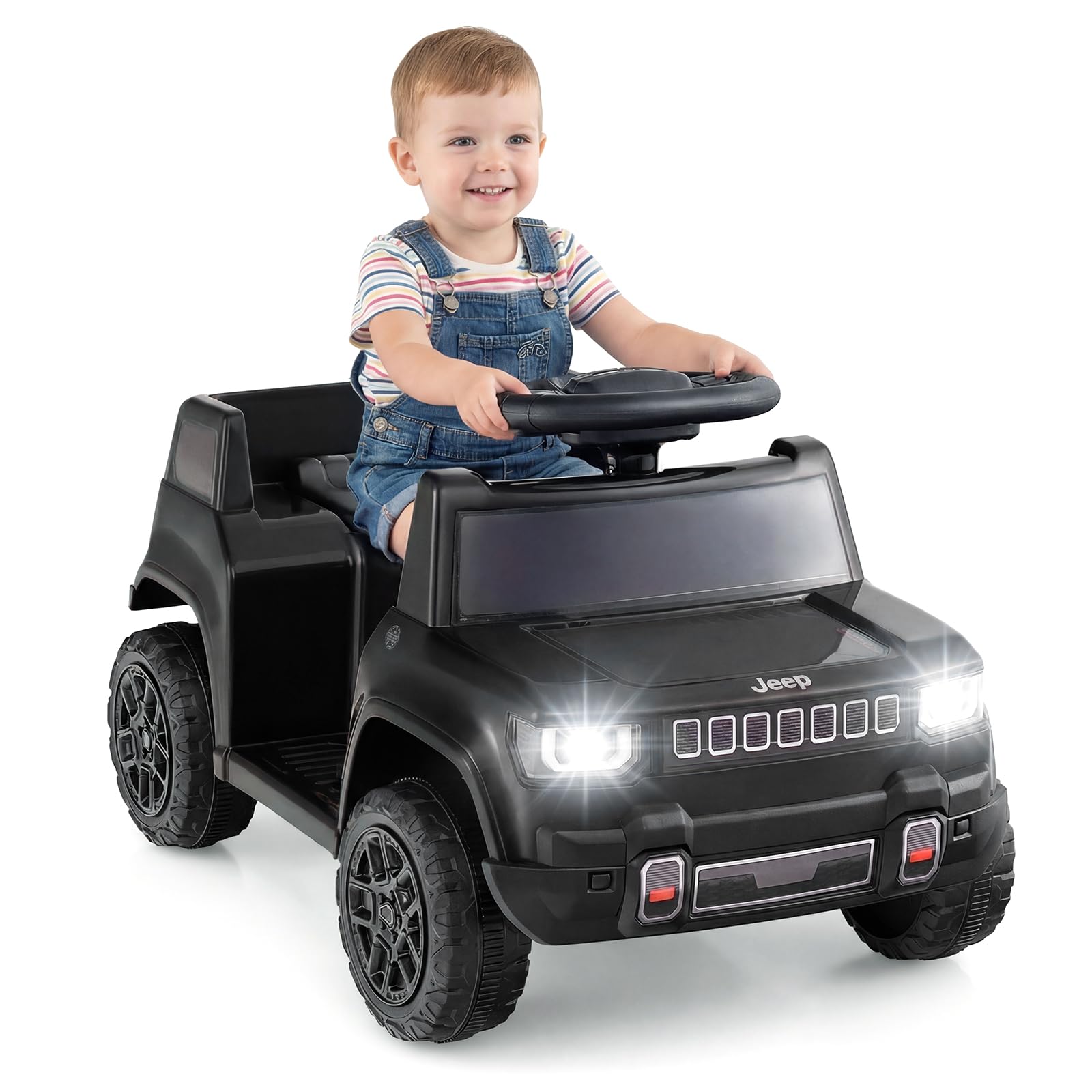 GYMAX Kids Ride on Car, 12V Battery Powered Toy Car with Lights, Music, Horn and Wireless Connection, Children Electric Vehicle for 18-96 Months Old+ (Black)