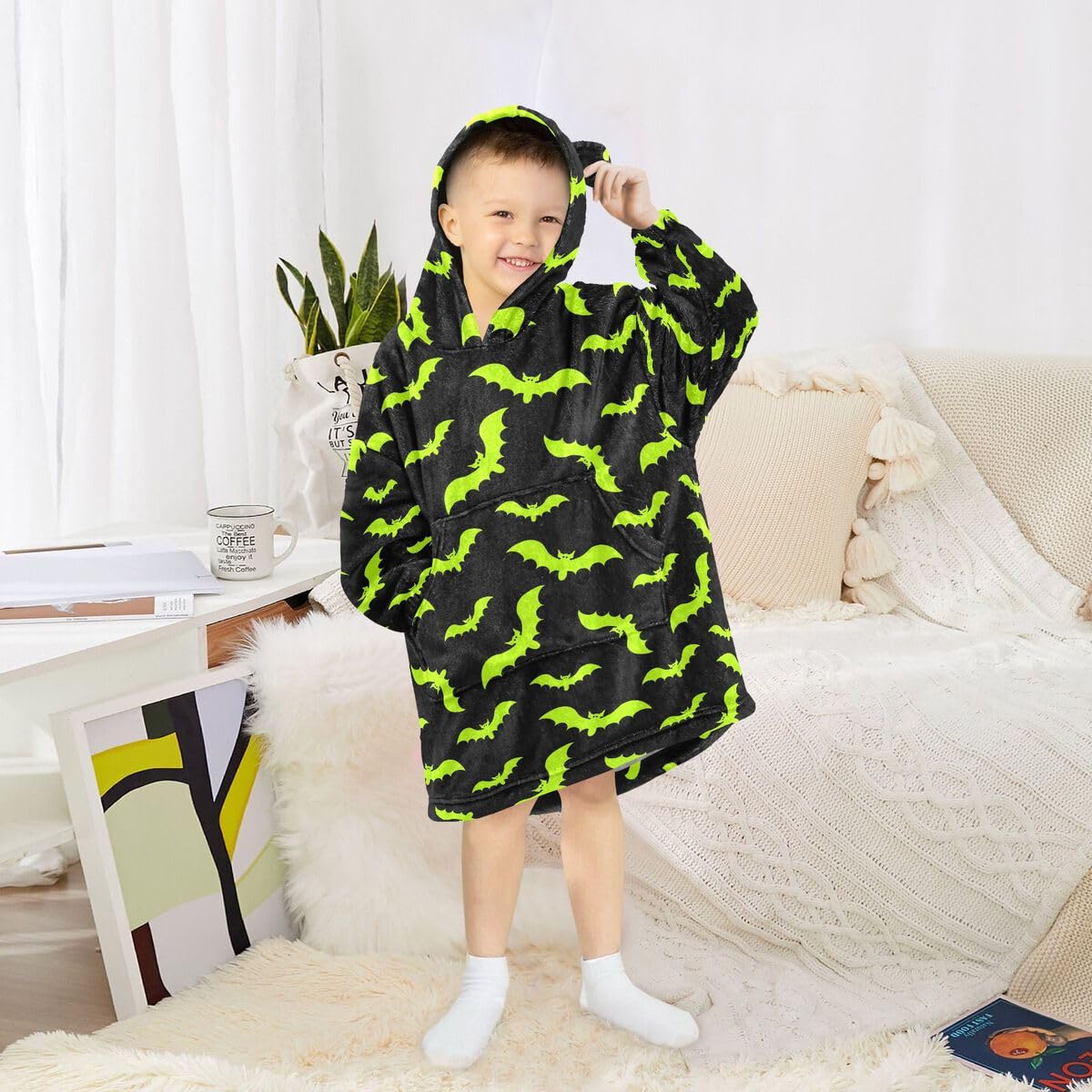 Green Bats dziecięcy koc do noszenia z kapturem oversize bluza koc sweter Halloween dla chłopców i dziewcząt w wieku 3-14 lat