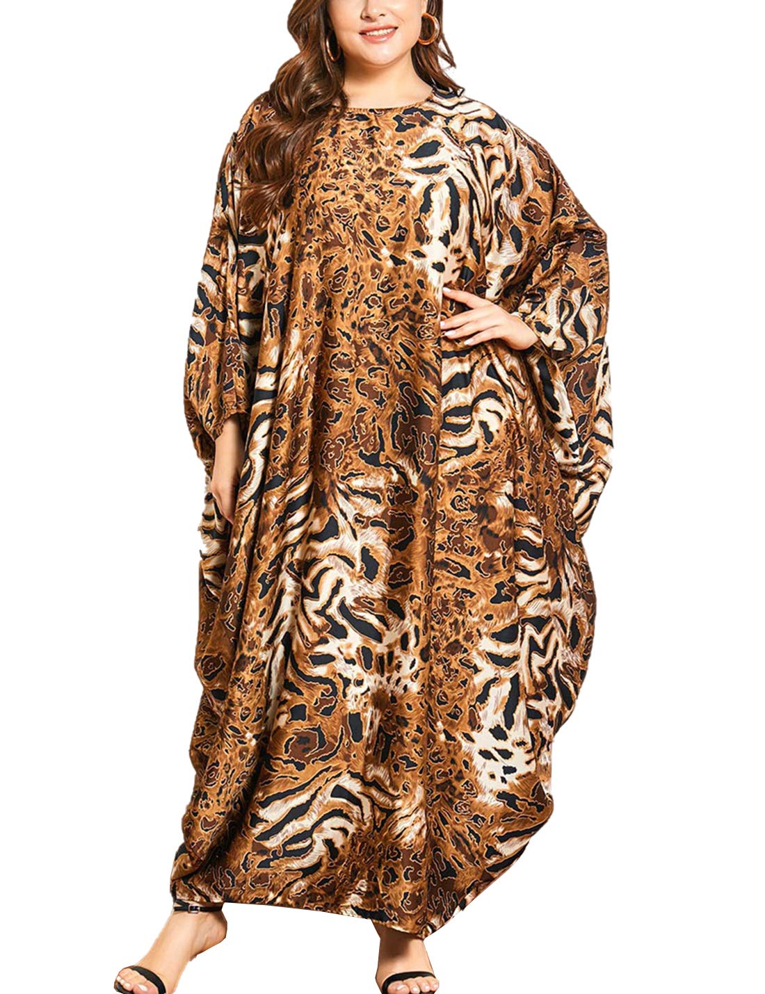 FlygoWomen's Batwing Plaid Floral Printed Long Short Sleeves Oversized Maxi Dress Sleep Loungewear (One Size, Brown)