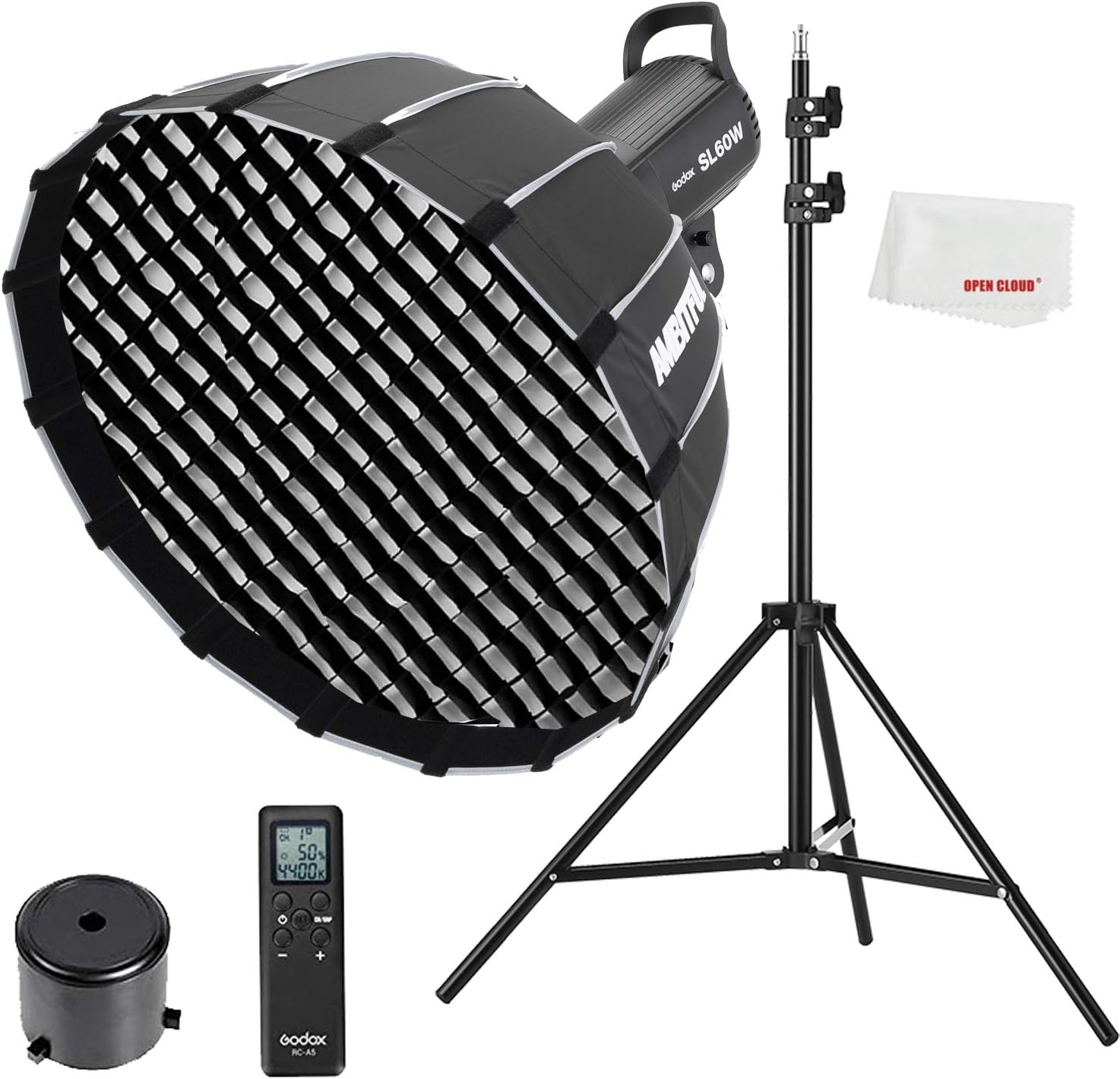Godox SL-60W CRI 95+ LED Video Light SL60W Continuous Light with Bowens Mount with Remote Control + P60 parabolic Round softbox with Honeycomb Grid, Light Stand