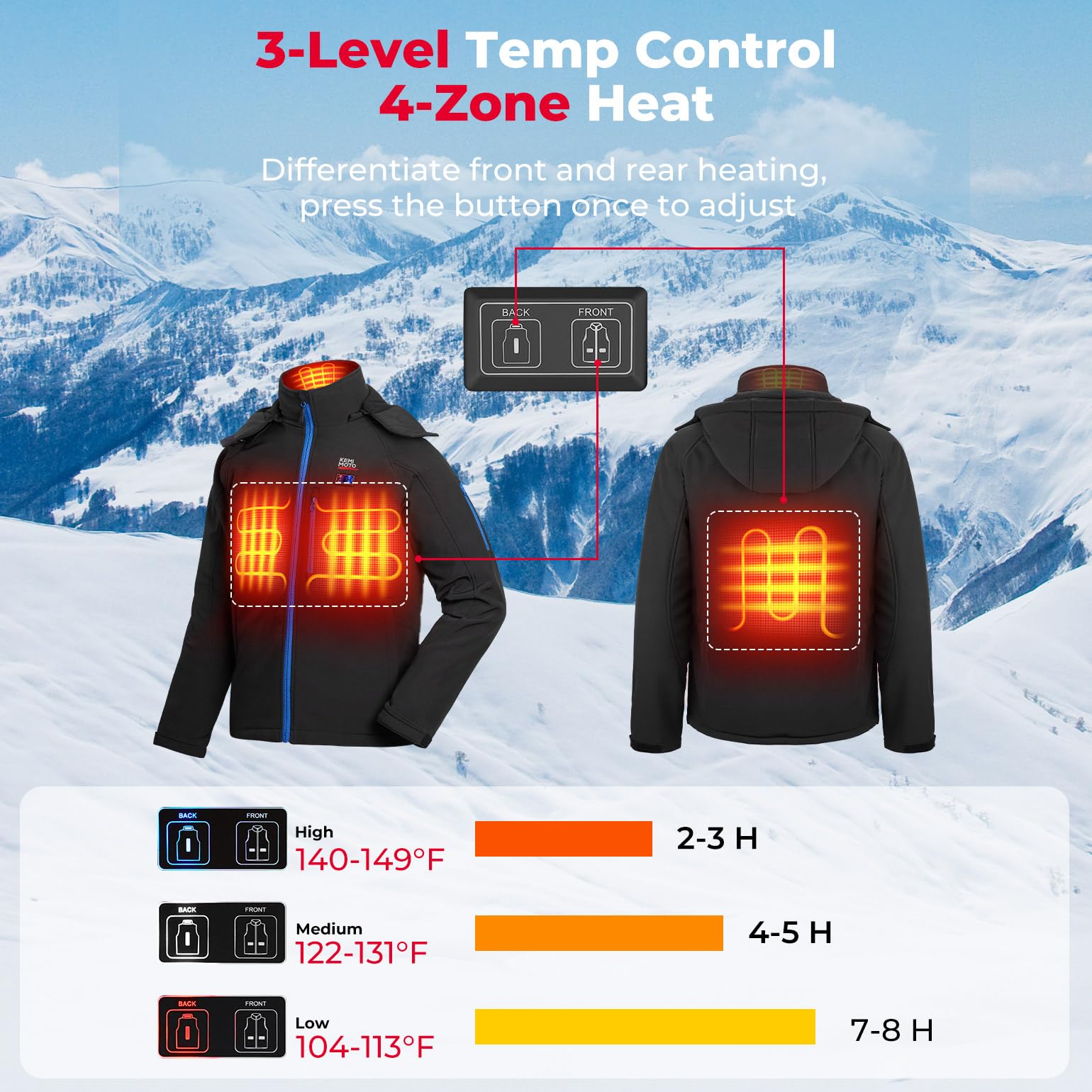 KEMIMOTO Chaqueta calefactable para hombre con 4 zonas de calentamiento, chaleco térmico con batería externa de 9600 mAh, 3 niveles de calor ajustables, chaleco térmico eléctrico con USB, para esquí,