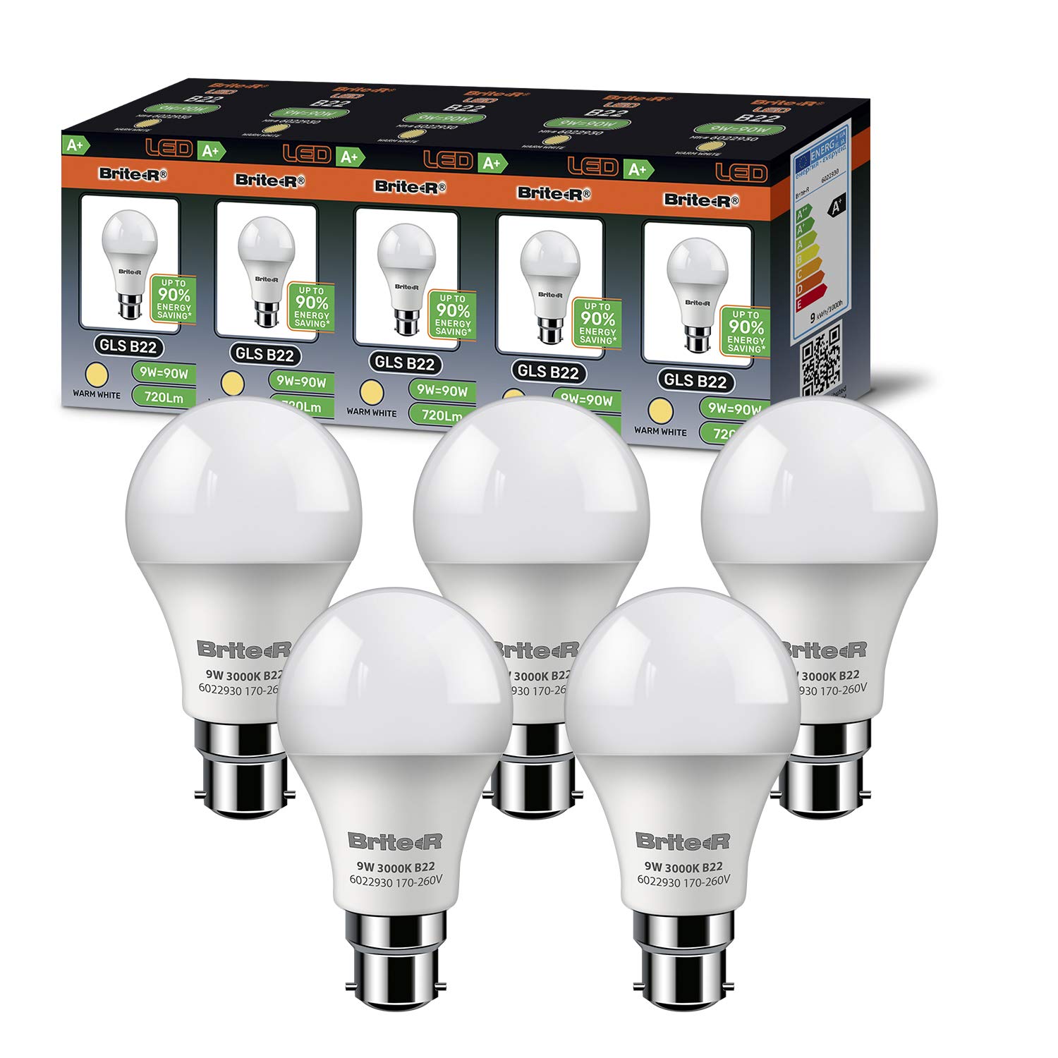 5X B22 BC GLS LED Bulbs 9W Warm White Brite-R 270° Beam 3000K 720lm 90% Energy Save* 90W Halogen Equiv Replacement Lamp AC170-260V Wide Angle Frosted Home Office Lighting UK Warranty Pack of 5