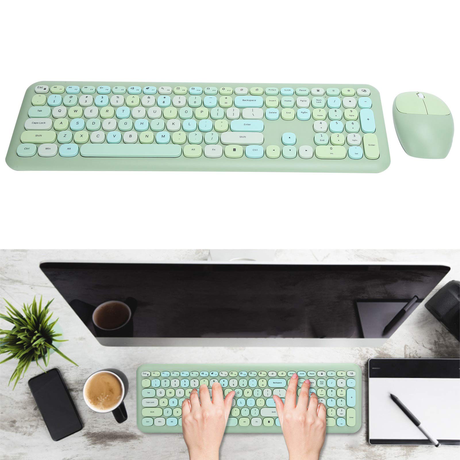 ADITAM Wireless Keyboard Mouse Combos, 110 klawiszy Mysz do gier z klawiaturą, Plug and Play, z klawiszami multimedialnymi, do biurowych akcesoriów komputerowych (zielony) Double the comfort
