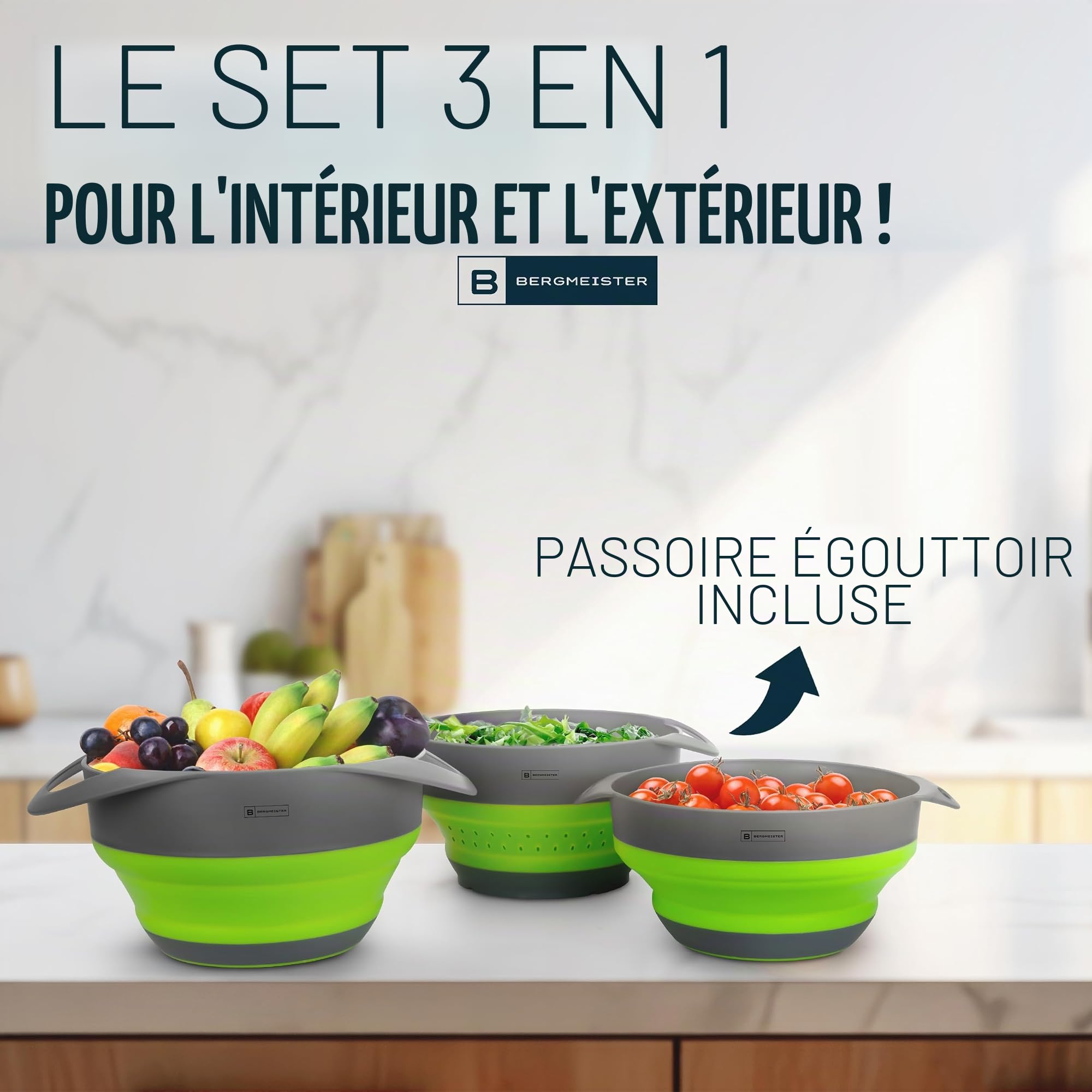 Ensemble de bols pliables 3 en 1 avec passoire 1,7 l / 2,8 l - Multifonctionnel - Passe au lave-vaisselle - Merveilleux de place pour chaque maison et cuisine de camping en plein air
