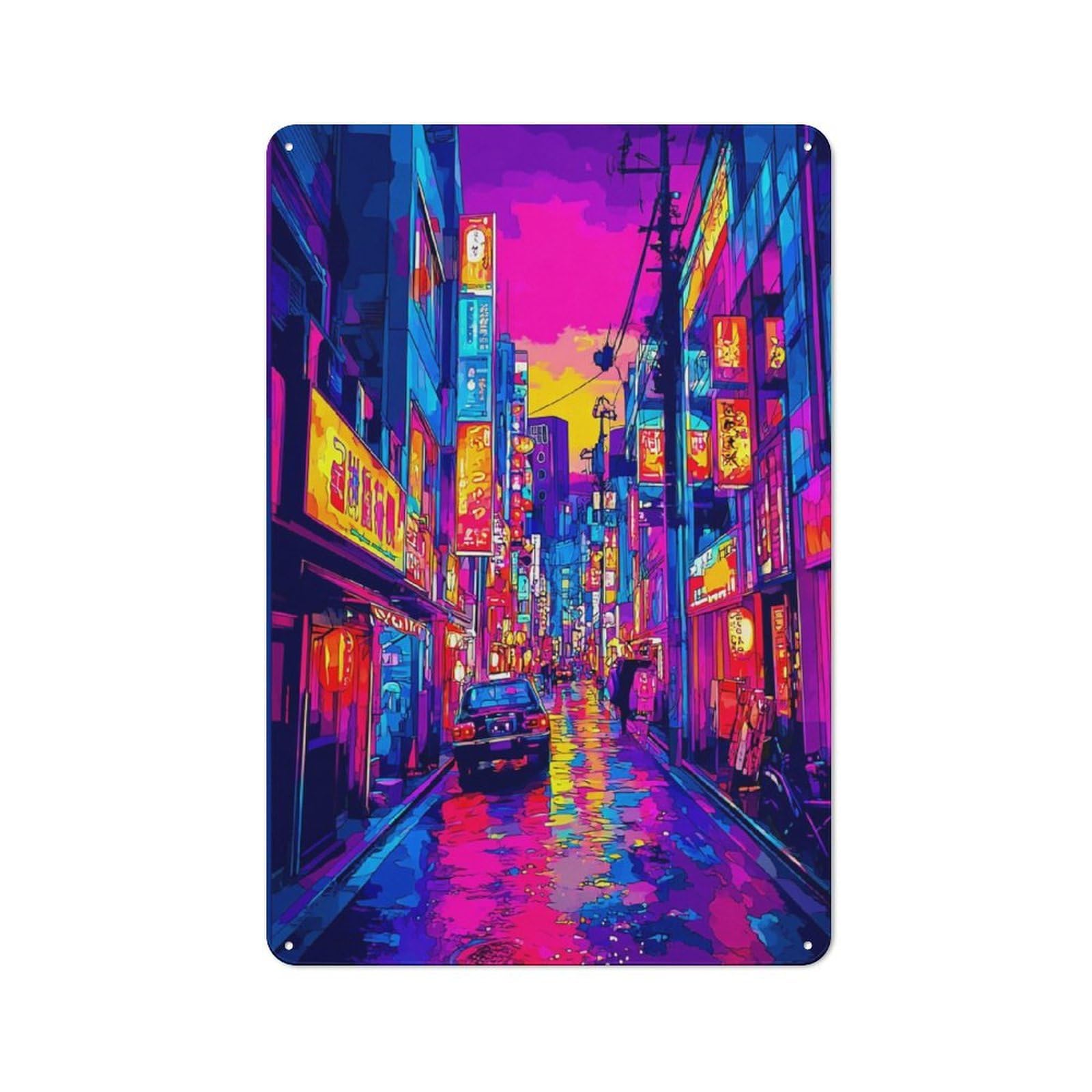 Junmoney Vibrant Neon Street Scene Farmhouse Metal Sign With Design 30X20cm, Rustic Rustic Kitchen Decor For Dining Room, Cafe, Entryway Or Family Room