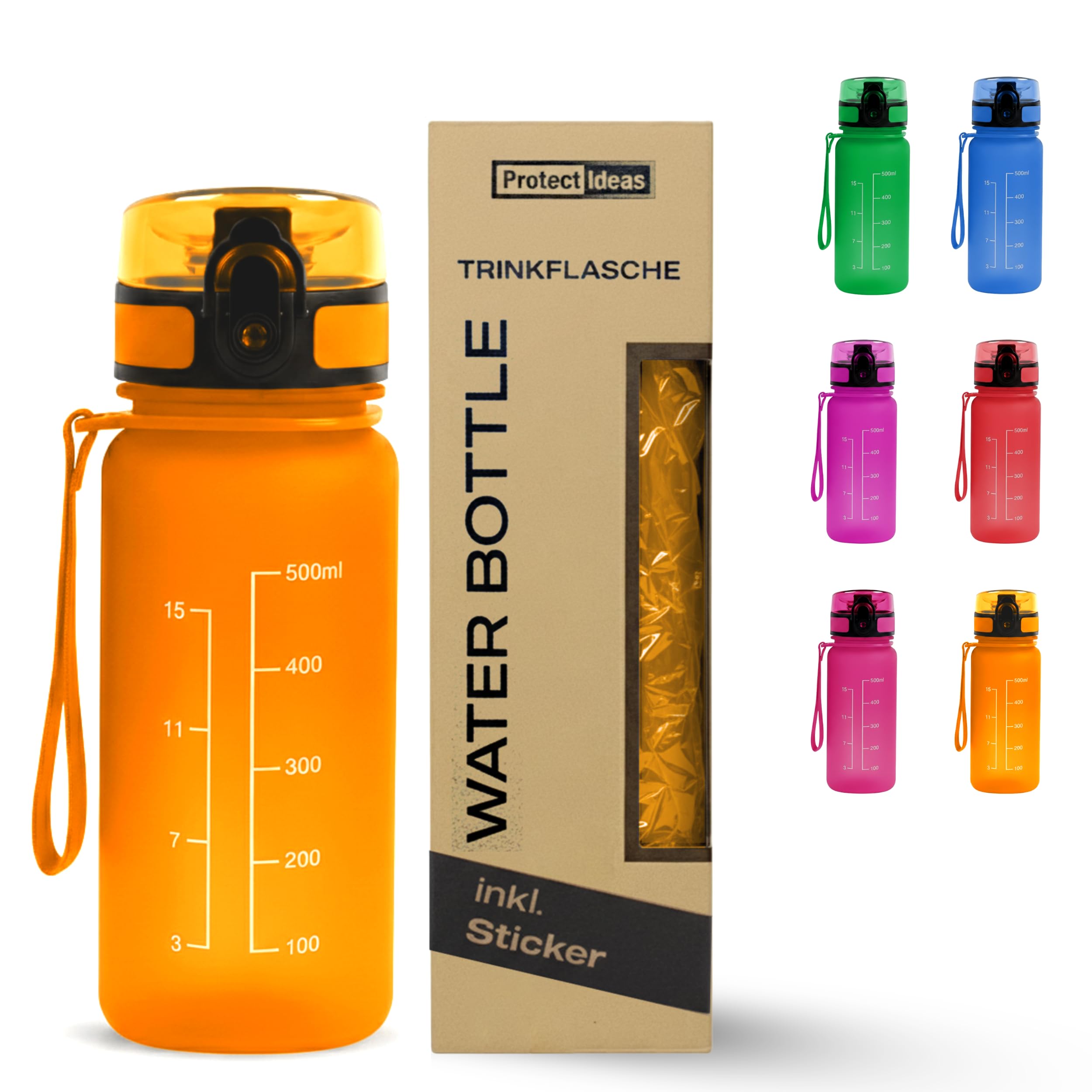 BierEx Trinkflasche Kinder Auslaufsicher 0,5L – BPA-Frei Wasserflasche 500ml für Schule, Sport, Wandern & Fitness – Geschmacksneutral, Leicht, Trinkflasche Mit 6 Aufklebern für Kinder (Orange)