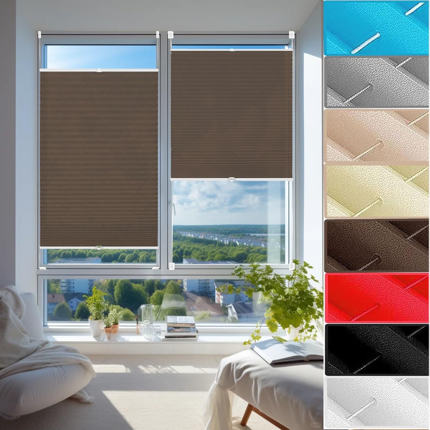 Stick on Blinds for Windows with Clips 45 x 85 cm (W x H), No Tool No Drill Shades Top-Down Bottom-Up, No Drill Blinds Non-Woven Fabric Blinds, Blackout Roller Blind, for Window Door, Brown — image 1