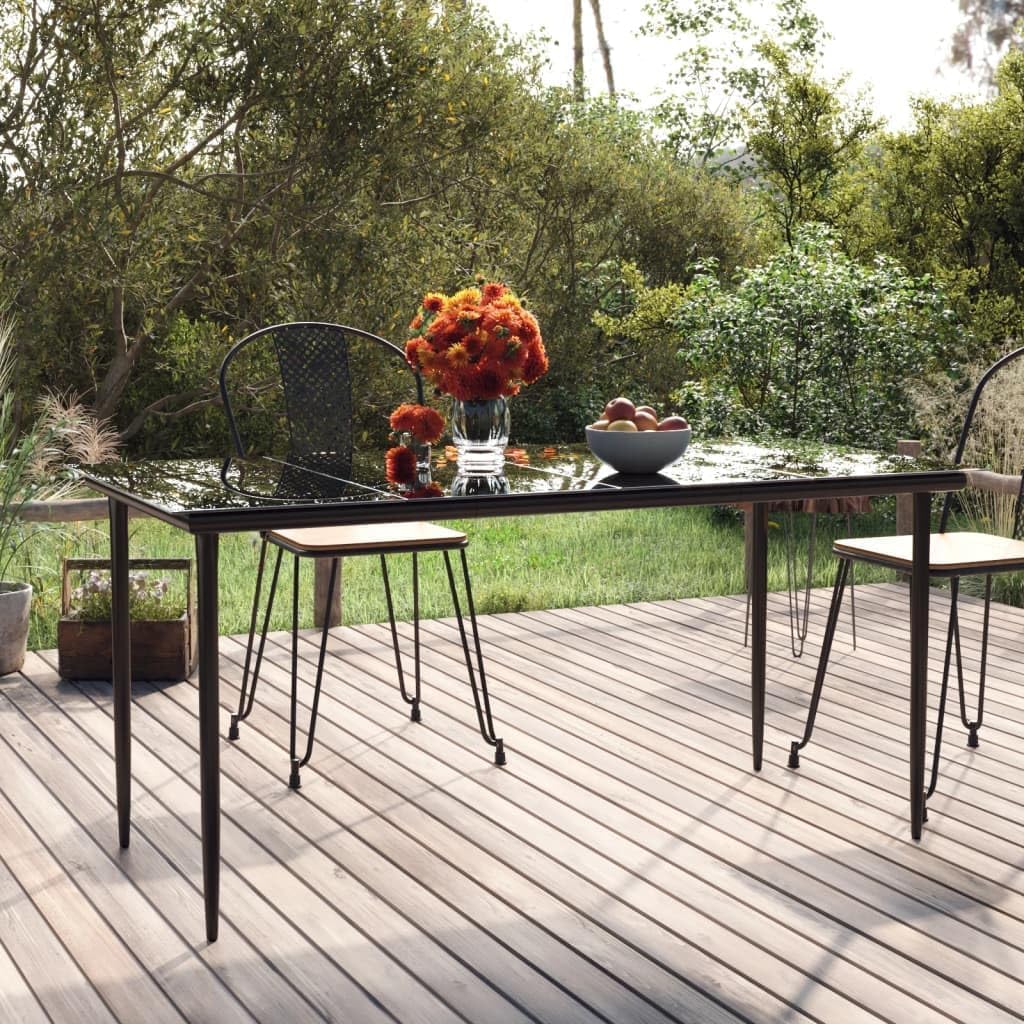 BOWERY HILL Rectangular Powder-Coated Steel Outdoor Dining Table, Black Finish, 63 x 31.5 in, Tempered Glass Top, Seats 6, Modern Garden or Patio Table for Balcony or Terrace Use