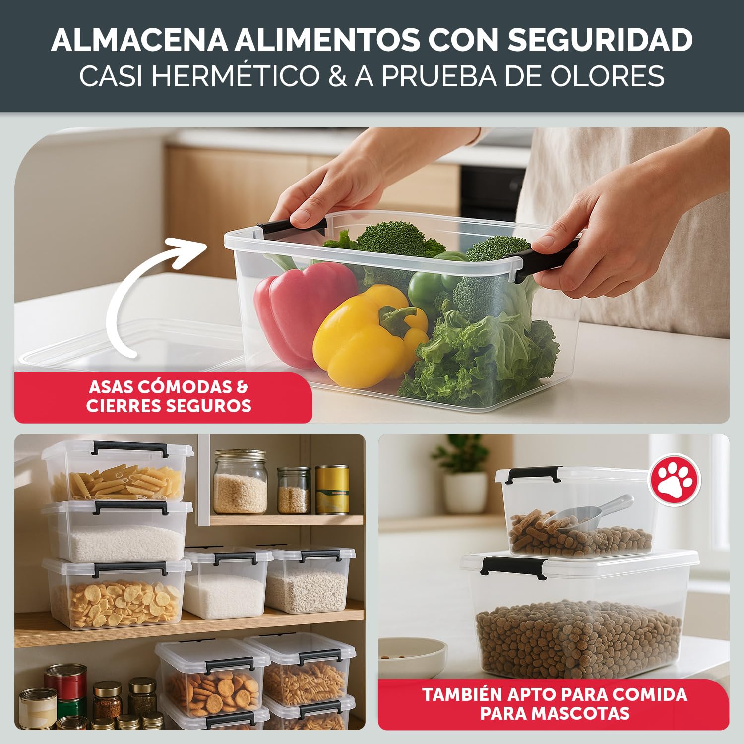 Caja de almacenamiento con tapa - Caja in BPA y apta para alimento Almacenamiento - Caja de plático con tapa - Caja de almacenamiento tranparente - Set de 4-12.5 Litros