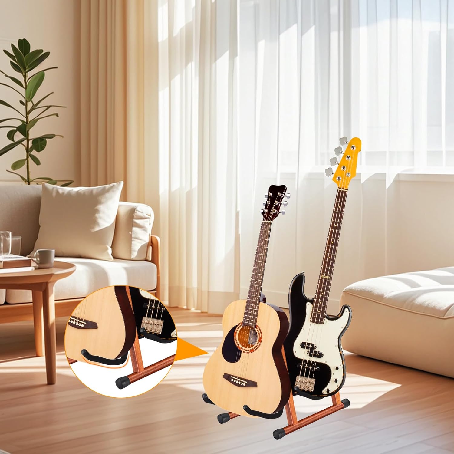 MOREYES Double Guitar Stand, Acoustic Guitar Stand for Multiple Guitars, Folding A-Frame Electric Guitar Stand, Wooden Guitar Stands Floor For School Music Program, Concerts, Easy to Assemble