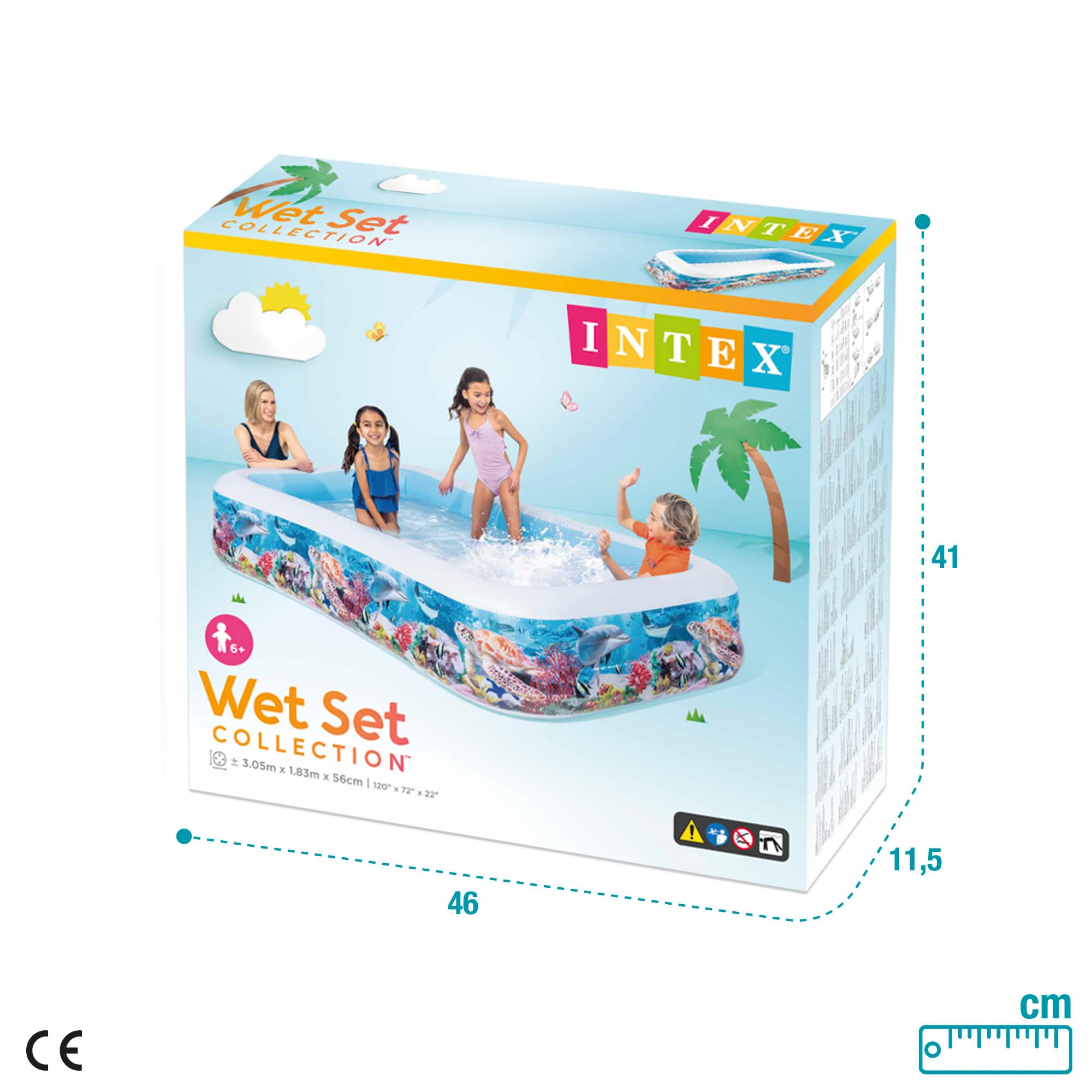 Intex Piscina Hinchable Grande diseño océano, 305x183x56 cm, 1050 litros, 3 cámaras de Aire, Tapón de desagüe, Vinilo Resistente, Uso Exterior, Ideal jardín y Verano, Parche Incluido, +6 años (58485)