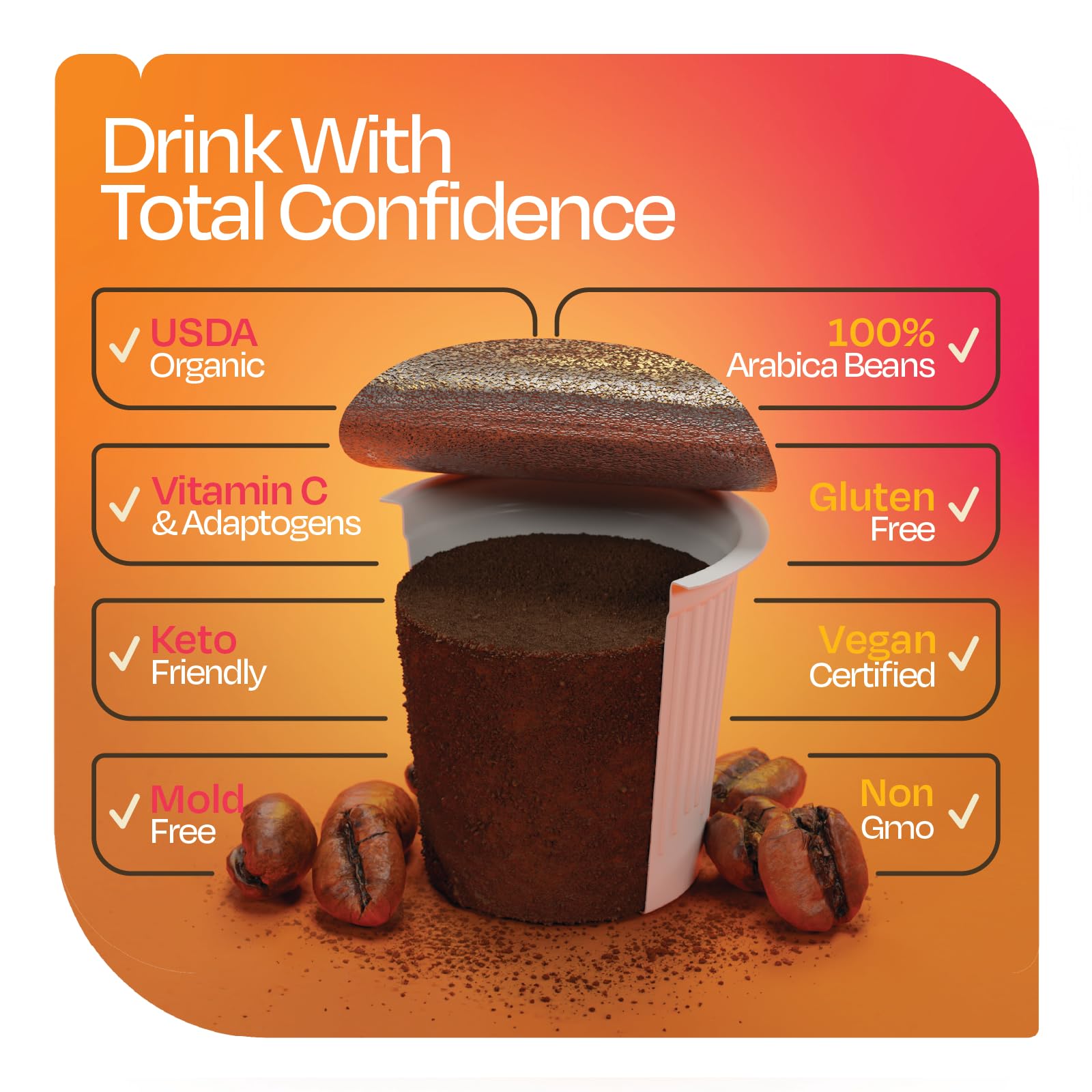 Focus Coffee with Superfoods - Organic Probiotic Mushroom Coffee Pods, Supports Healthy Focus & Digestion, Infused with Ashwagandha, Lion's Mane, and Cinnamon - 10 Recyclable Single Serve K-Cups thumbnail 3