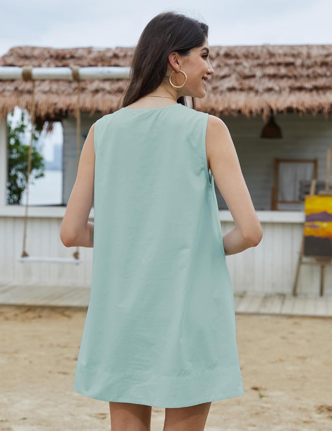 Women's Mini Babydoll Tank Dress Bubble Sleeveless Dresses Scoop Neck Ruched Short Summer Sundress with Pockets - Image 4