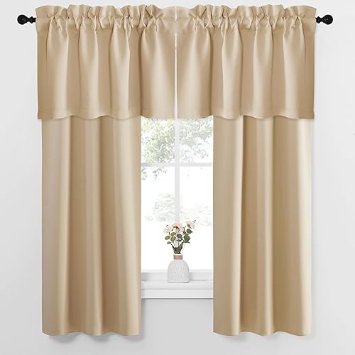 NICETOWN 2 paneles de cortinas opacas de 34 x 63 pulgadas de largo con bolsillo para barra con 2 paneles de 42 x 16 pulgadas de largo, cenefas