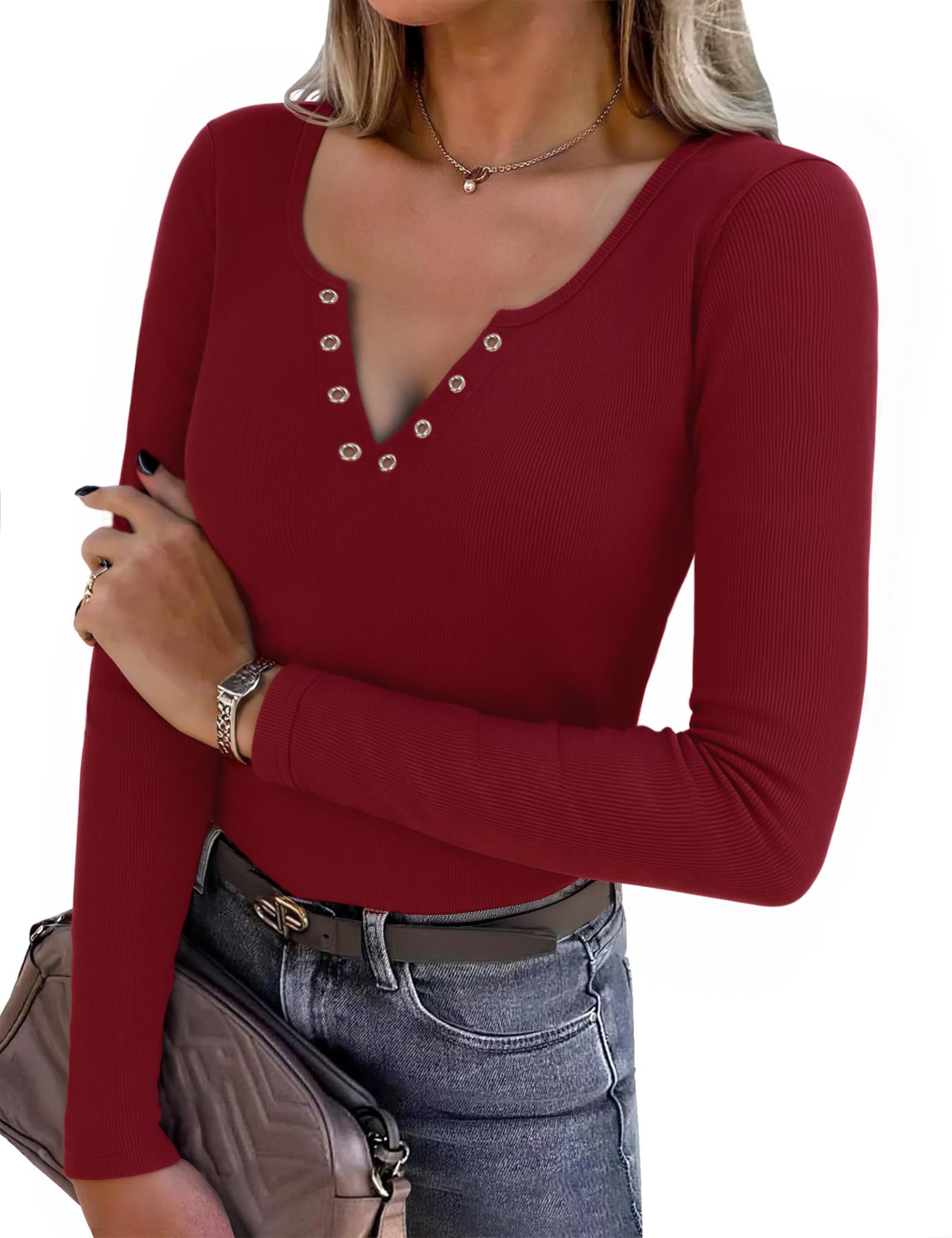 Aottori Damen Langarmshirt V-Ausschnitt Stretch Oberteile Gerippt Slim Fit Pullover Elegant RIPP Shirt Langarm Casual Basic Tops Einfarbig