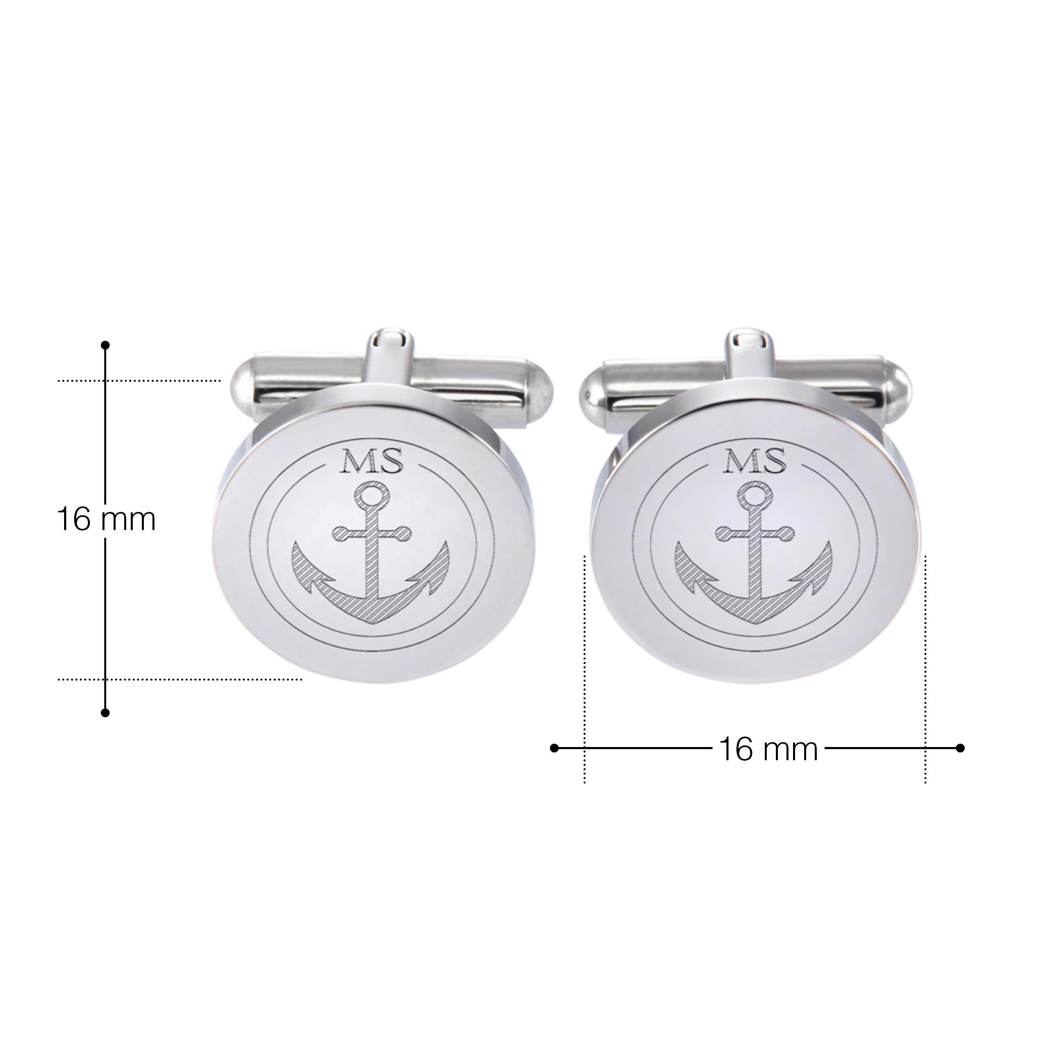 Gravado Gemelli in Acciaio Inox di forma Circolare con Incisione Personalizzata con Iniziali, Motivo Ancora, Scatola Inclusa, Idee Regalo per Lui, Accessori Uomo