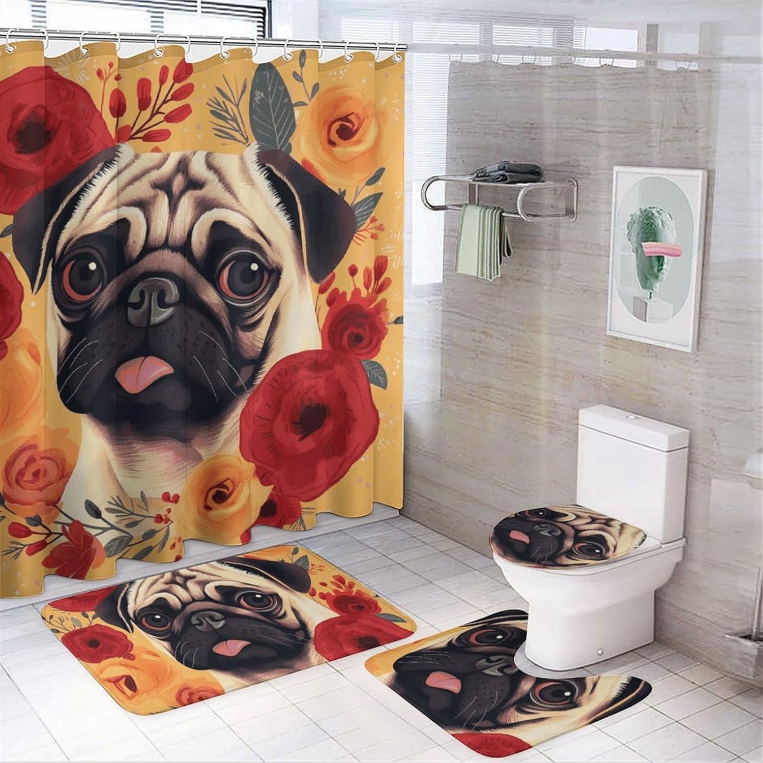 Pug Flower Shower Curtains Set 4 Piece with Non-Slip Rugs, Toilet Lid Cover and Bath Mat Soft Bathroom Carpet Waterproof Bathroom Curtain with 12 Hooks for Bathroom Decor