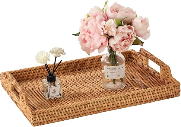 Bandeja de servicio rectangular de ratán de 17 pulgadas con asas, bandeja de mesa de mimbre vintage para decoración, bandeja de mesa de centro de paja de mar tejida a mano estilo boho para otomana, desayuno, baño, exterior
