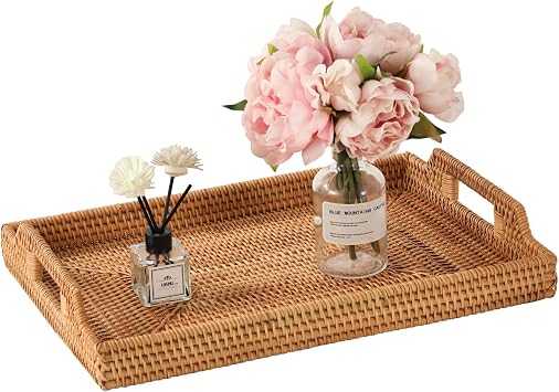 17 Rattan Serving Tray Rectangle with Handles, Vintage Wicker Table Tray for Decor, Boho Hand Woven Seagrass Coffee Table Basket Tray for Ottoman, Breakfast, Bathroom, Outdoor