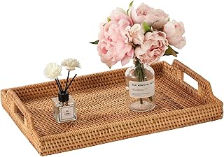 17'' Rattan Serving Tray Rectangle with Handles, Vintage Wicker Table Tray for Decor, Boho Hand Woven Seagrass Coffee Table Basket Tray for Ottoman, Breakfast, Bathroom, Outdoor