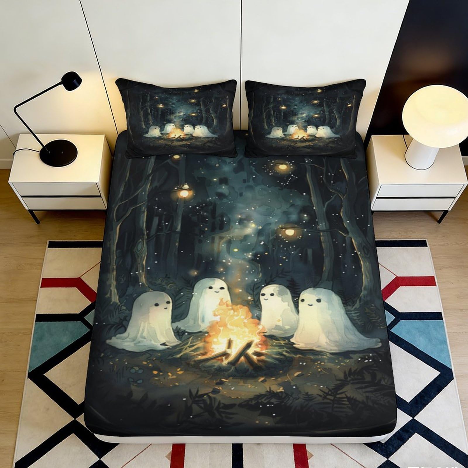 3D Printed Ghost Campfire Fitted Sheet Microfiber Soft Breathable Forest Night Bed Cover for Bedroom Guestroom Decor 90x200x25cm