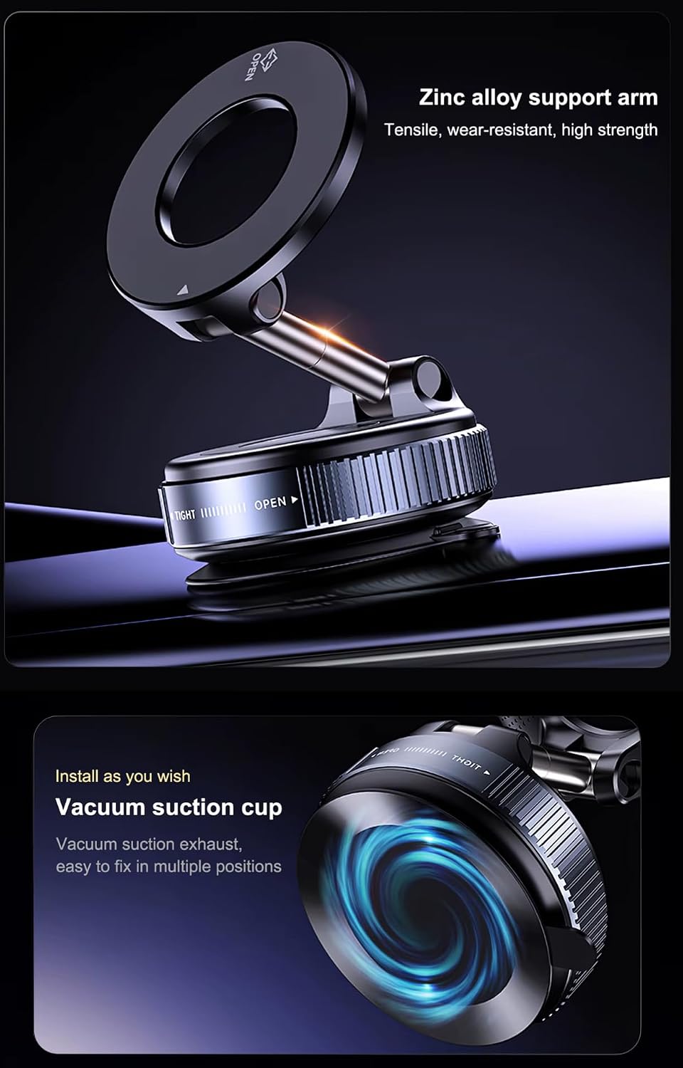 Magnetic Car Phone Holder for iPhone & Android, 360° Rotating Dashboard Mount with Strong Suction Cup, Universal MagSafe Compatible Car Mount (Black) image 3