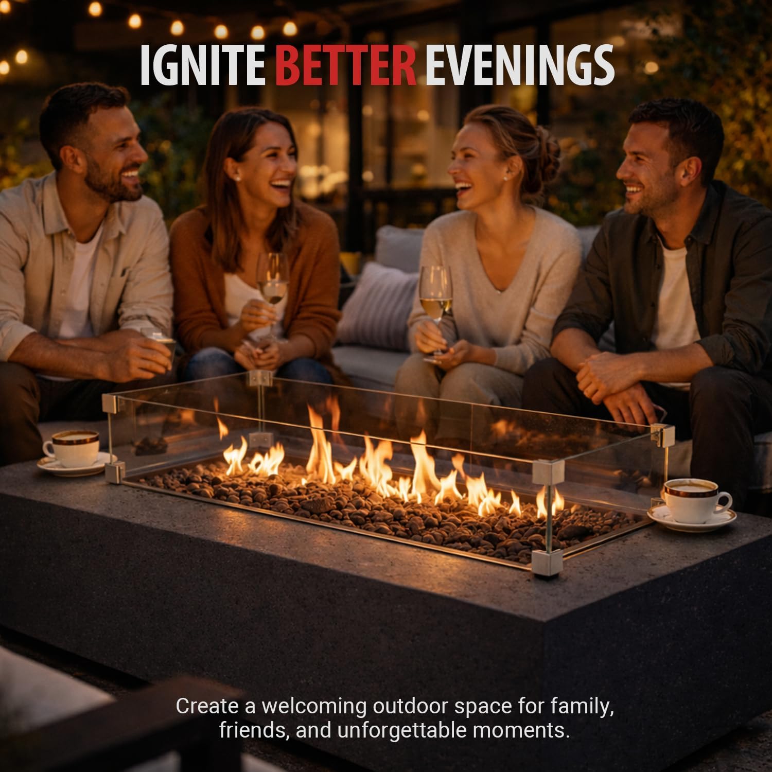 AMS Creations | Madison 60" Rectangular Natural Gas Outdoor Fire Pit Table | Dark Gray Concrete GFRC | Limestone Texture or Surface | Electronic Ignition | Outside Backyard Fireplace