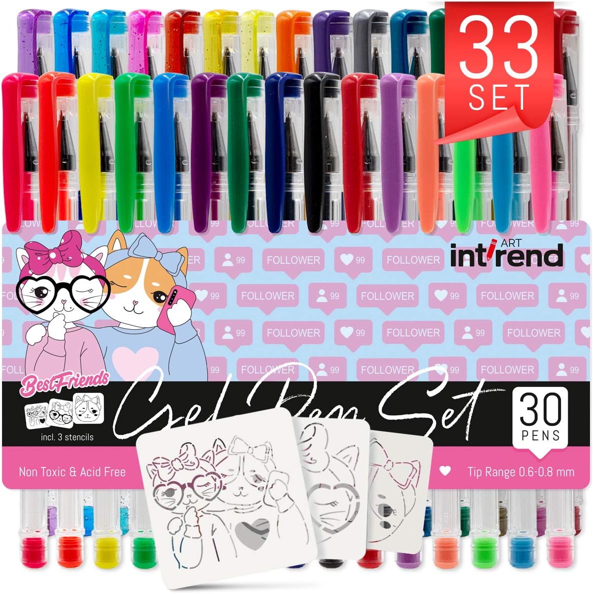 Int!rend Gelstifte Set, 33-teilig - 30 Farben Inkl. Metallic, Neon, Glitzer & 3 Schablonen, Ideal Für Mandalas & Karten