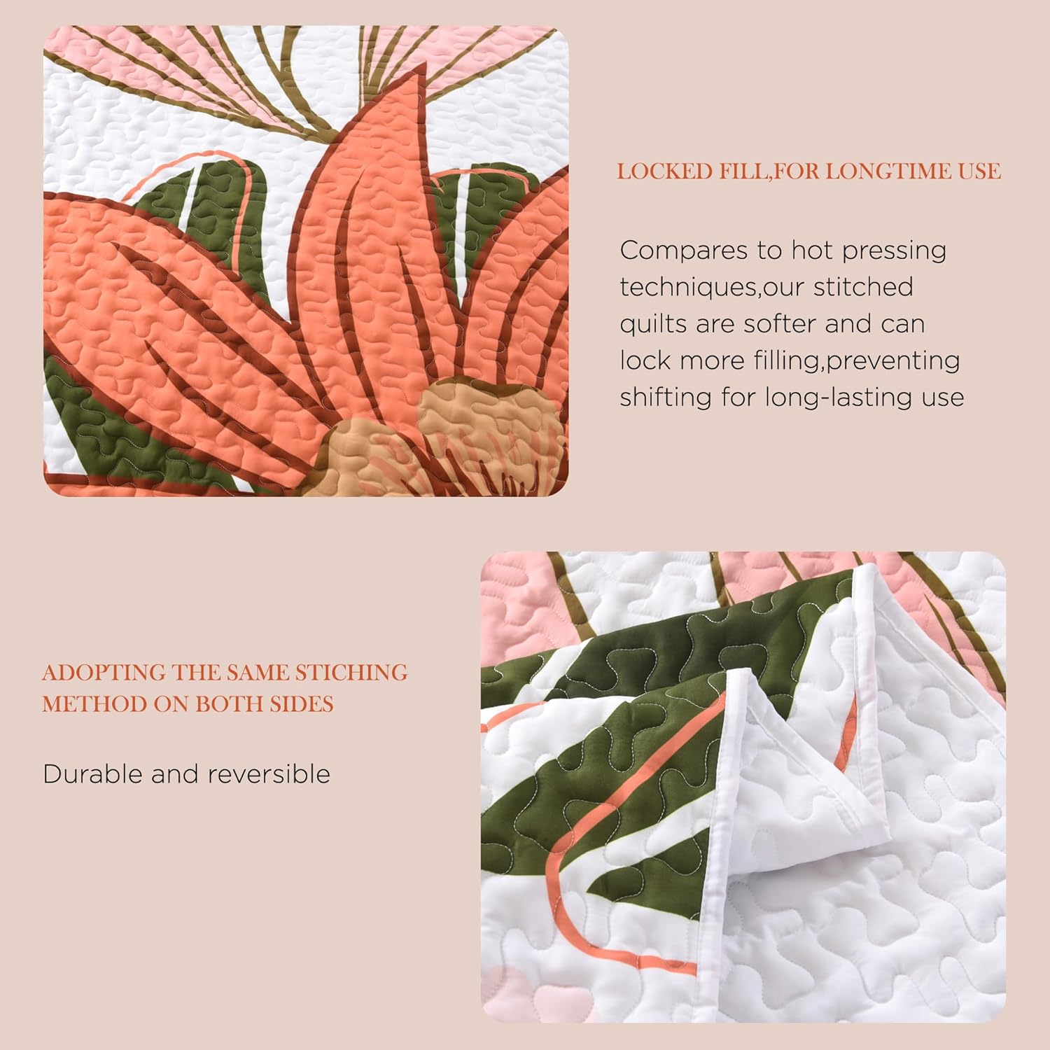 Andency Floral Boho Quilt King Size Bedding Set Pink, 3 Pieces Farmhouse Flower Botanical Summer Bedspreads with 2 Shams, Soft Reversible Lightweight Microfiber Coverlet Set for All Season, 106"x96" - Image 8