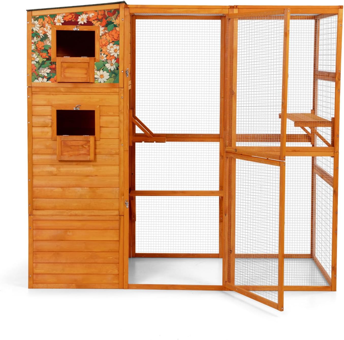 70" H Large Outdoor Cat Enclosure with 4-Tier Window Design, Weather-Resistant Roof, 2 Resting Rooms, Orange Colorful Patterns