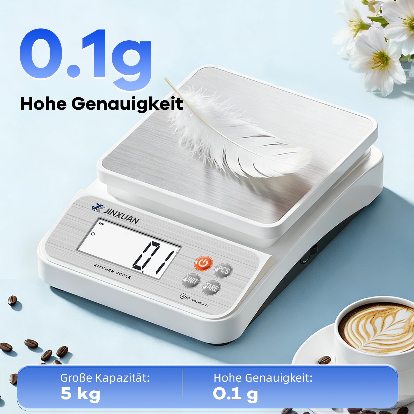 Digitale Küchenwaage 5 kg/0,1 g Lebensmittelwaage zum Kochen, Backen, Abnehmen, Wiederaufladbare Kaffee-Waage Backwaage mit USB-Kabel